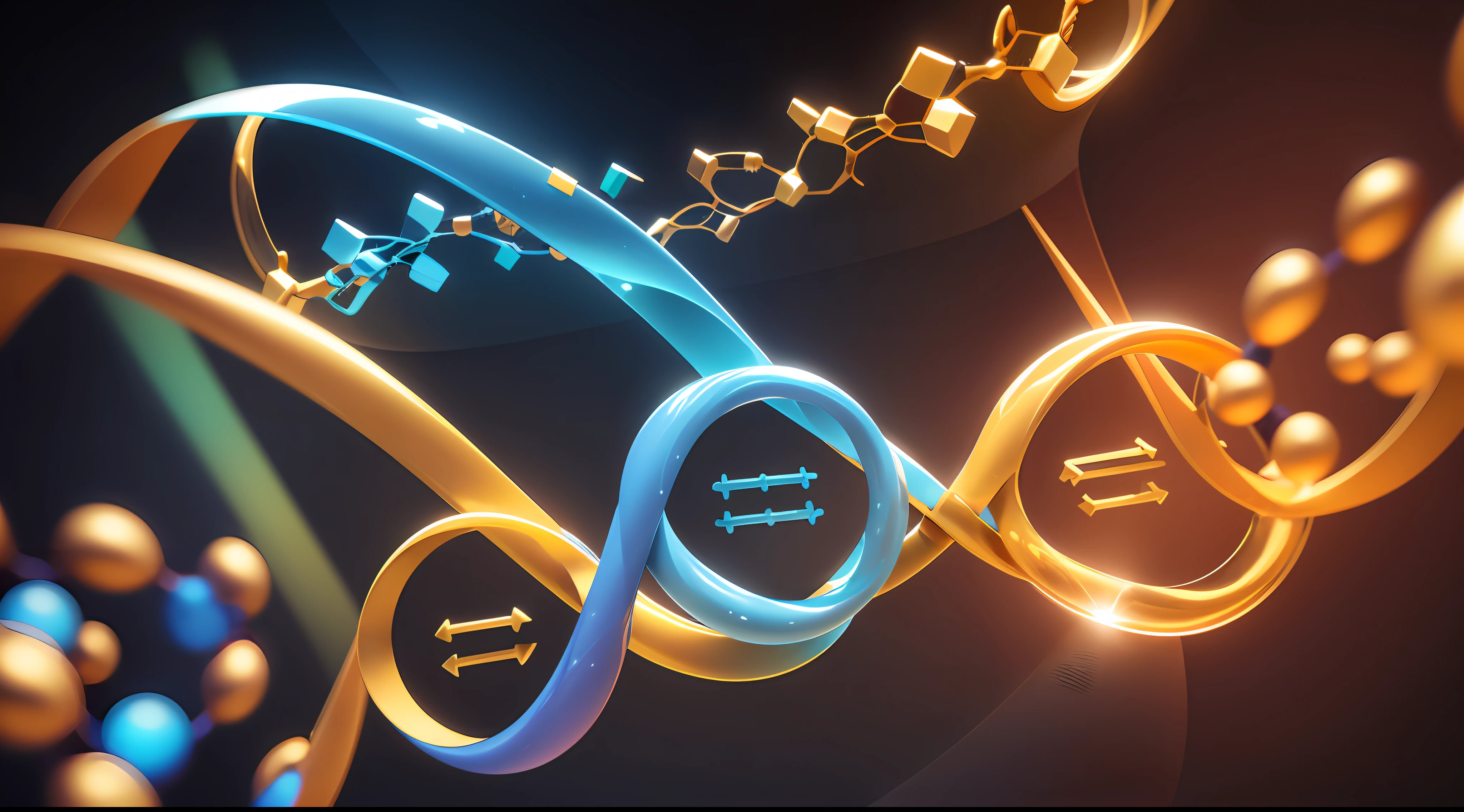 Create a 3D figure that shows a strand of DNA and RNA intertwining into a three-dimensional shape, with highlighted amino acid sequences. Surround these molecules with a hazy golden and blue atmosphere to add depth and realism to the image. --auto
