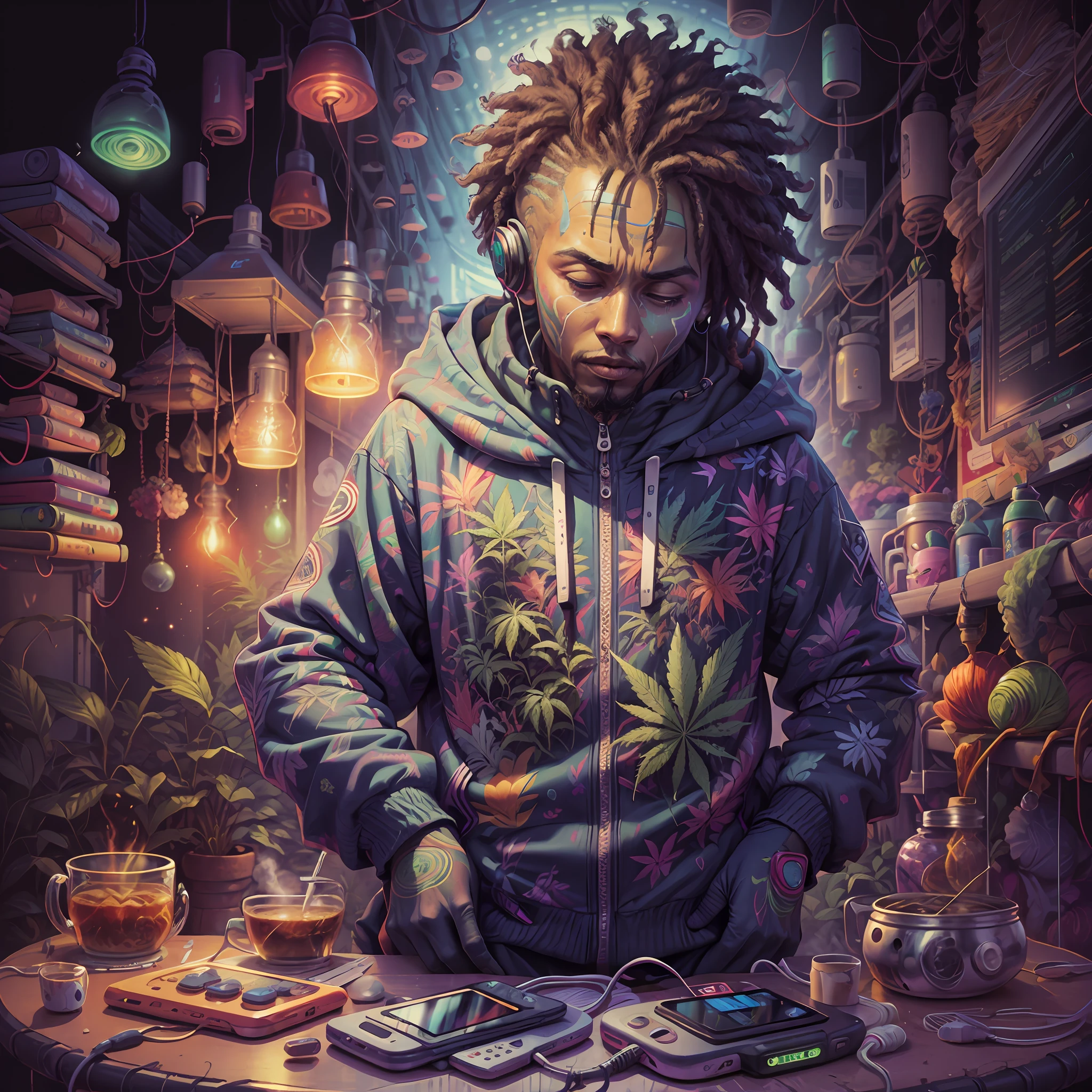 Bob Marley com fones de ouvido ultra futuristas, rodeado de folhas de cannabis em todos os lugares. --auto