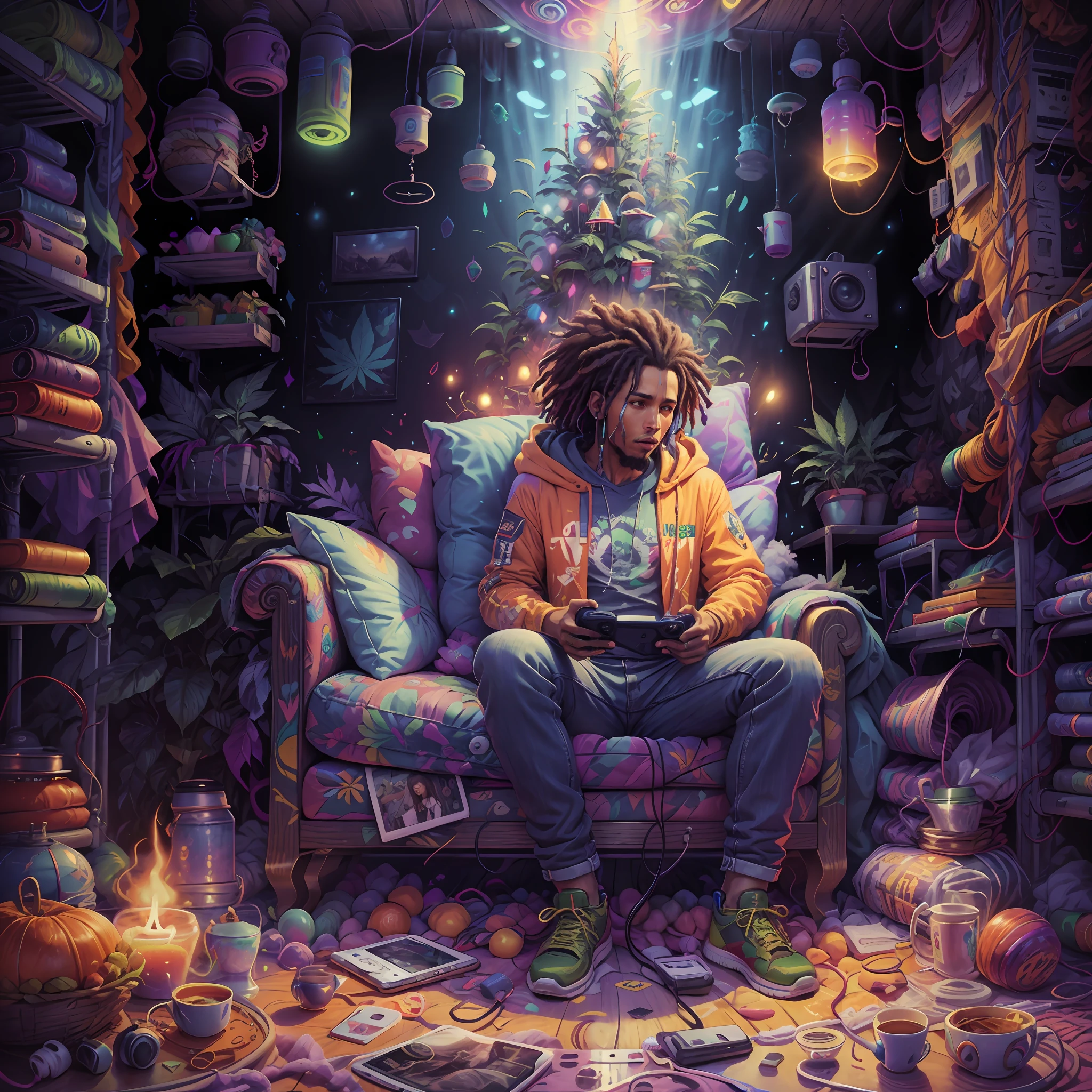 Bob Marley com fones de ouvido ultra futuristas, rodeado de folhas de cannabis em todos os lugares. --auto