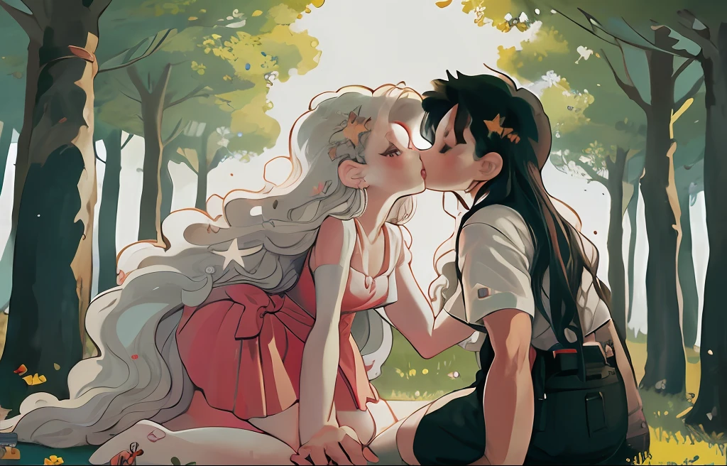 anime couple kissing, long hair, outdoors, masterpiece, best quality, masterpiece, best quality, cute, under tall trees, forest flowers, stars, tall trees, streams of light, (kagome and inuyasha)
