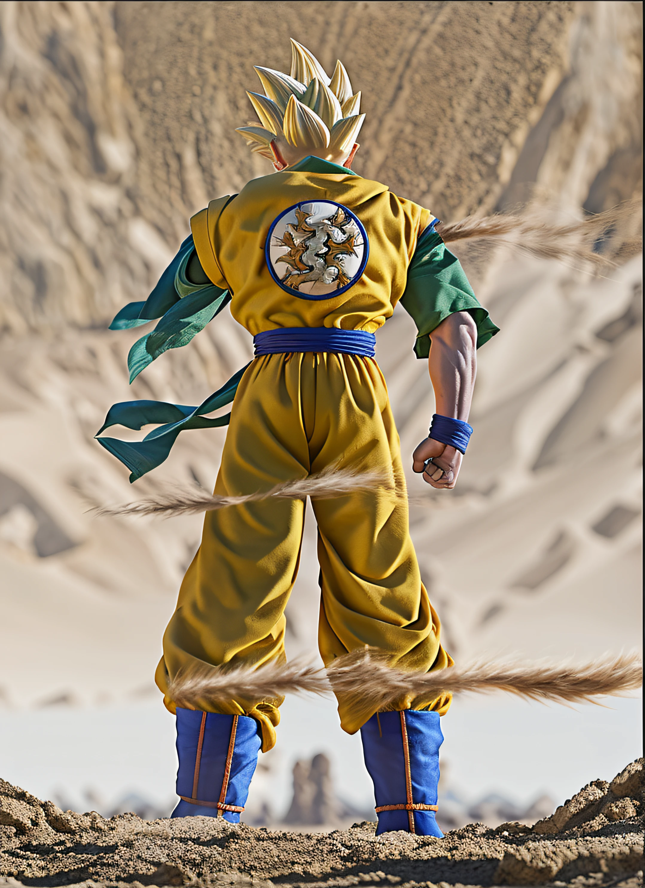 Character without his left arm and with his back to the camera , Gohan, Dragon Ball , super sayajin , pose de costas , no deserto , 8k