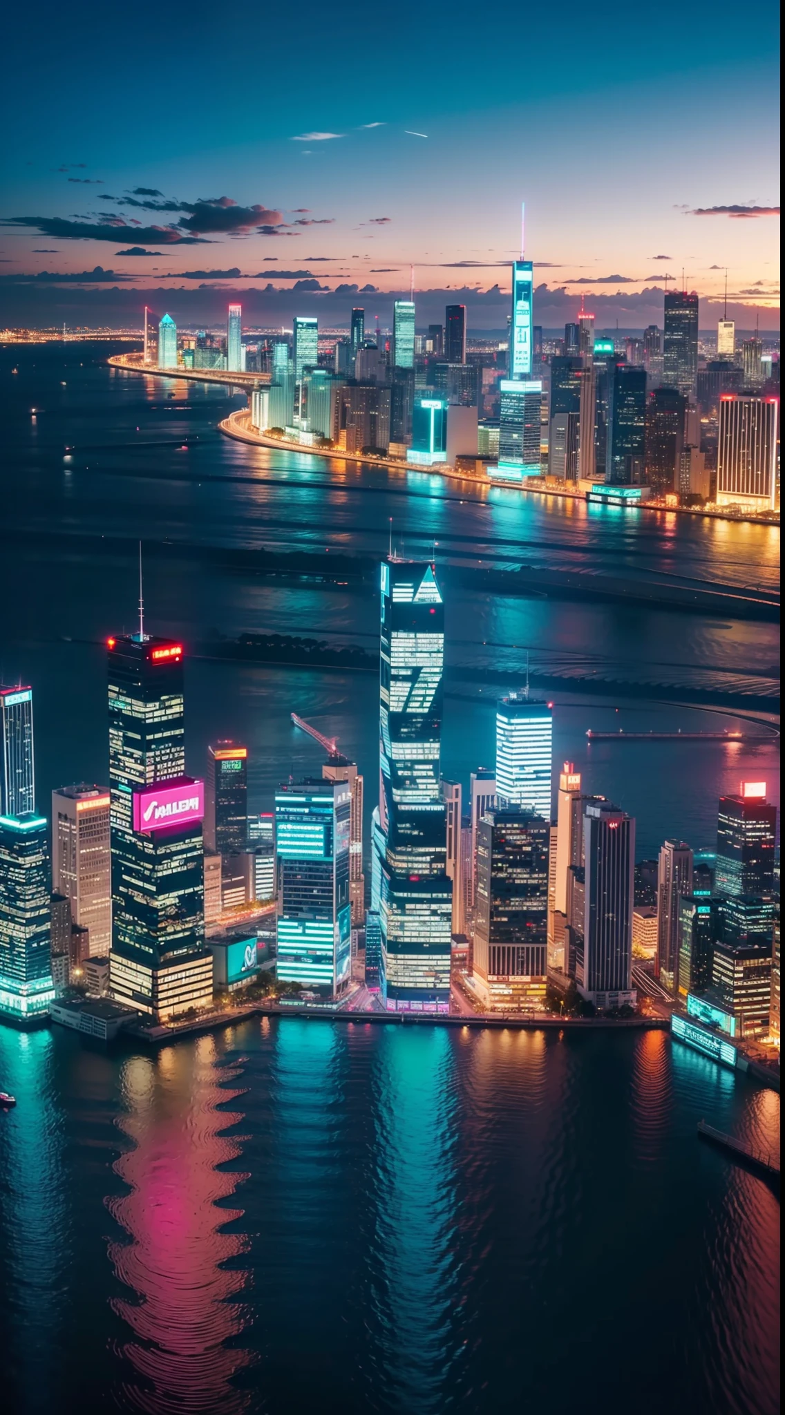City skyline with retrowave style. Very detailed. Micro details. Intricate