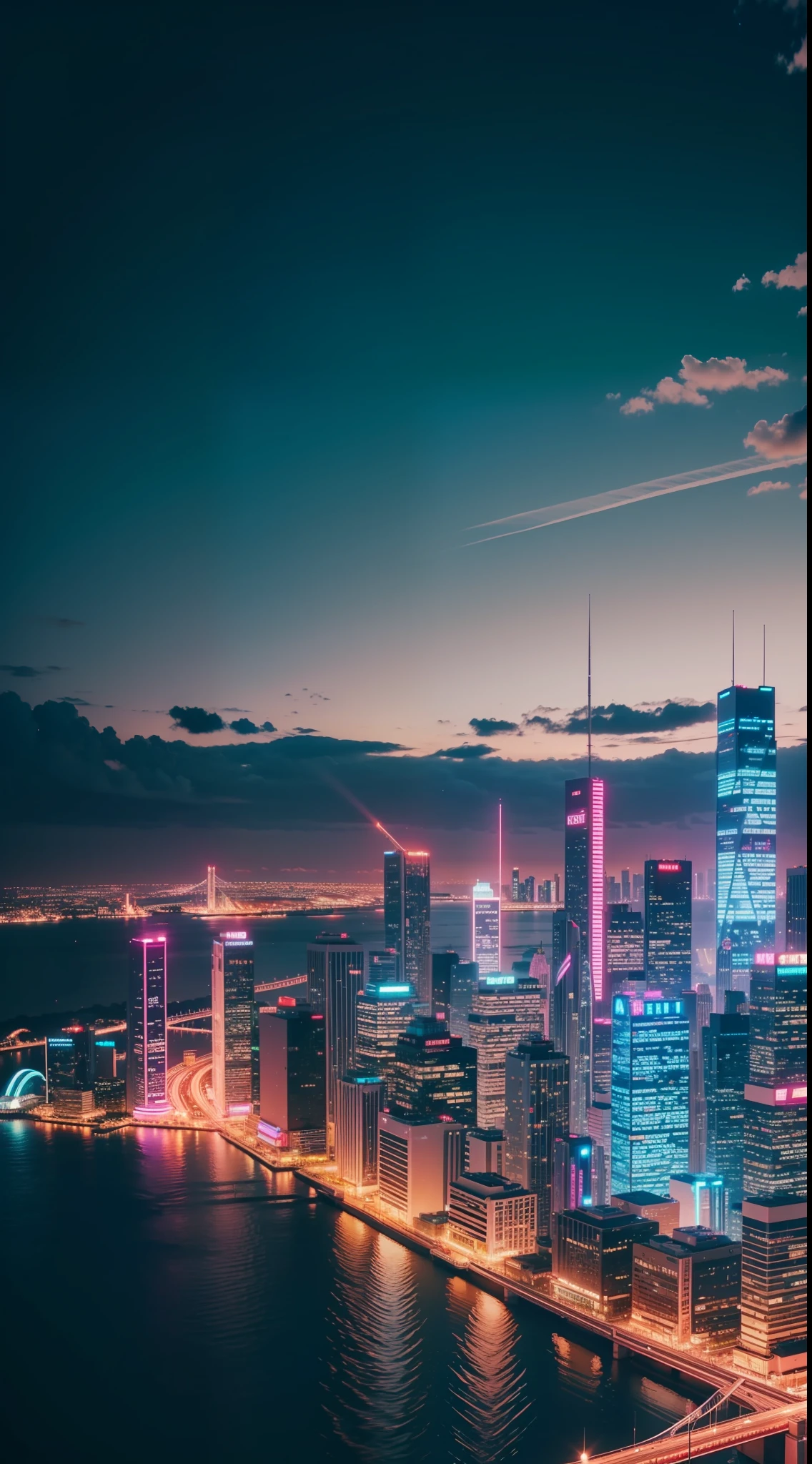 City skyline with retrowave style. Very detailed. Micro details. Intricate