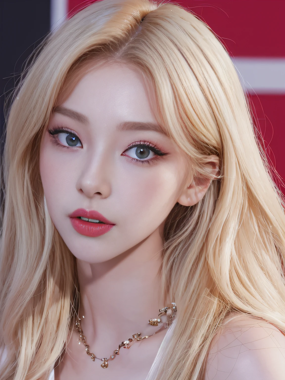 (8k, 4k, best quality, highres, ultra high res:1.1), (masterpiece, realistic, photo-realistic:1.1), 1girl, face, close-up, blonde hair, black eyes, red lips, (looking at viewer:2), absurdly long hair, long eyelashes, eyeshadow, small face, big eyes, bare shoulders, pink lingerie, high contrast,