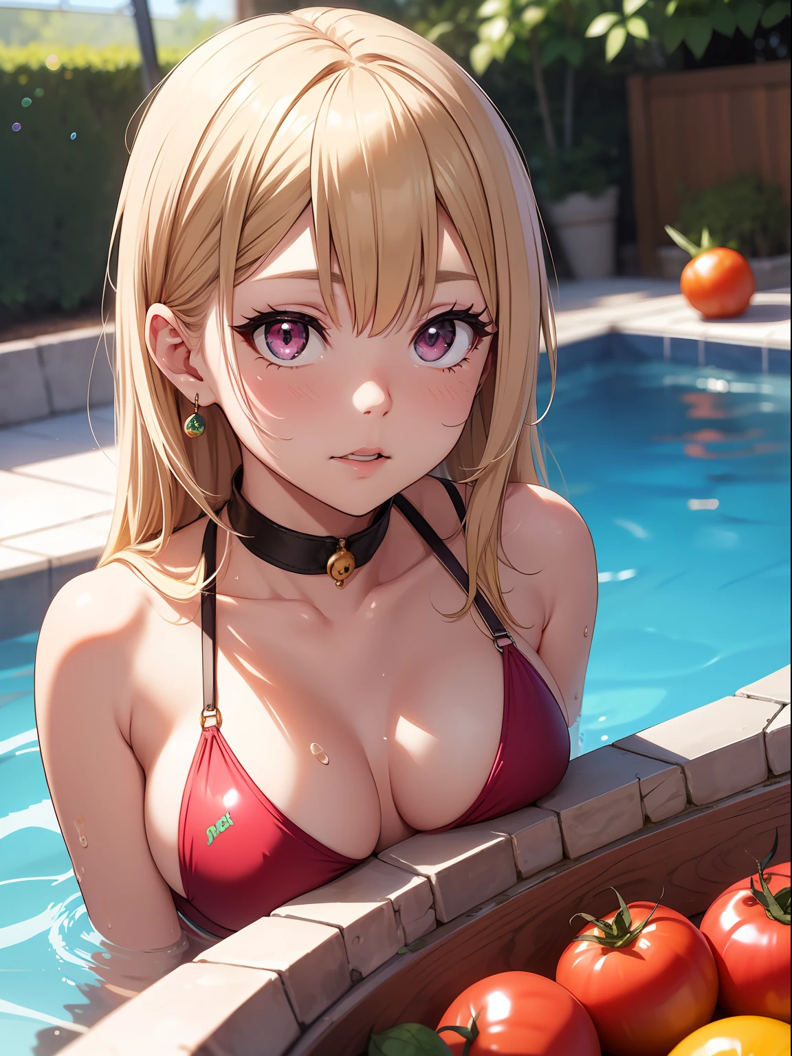 Ecchi、Ecchi、Ecchi、Pink eyes、a blond、Tomato swimsuit、cute little、Transcendent Cute、Idol、sparkly eyes、Pool of tomatoes