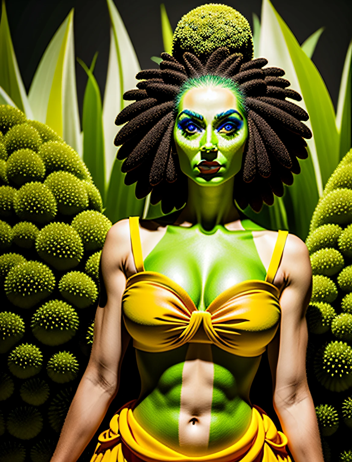 uma mulher em um vestido feito de vegetais, cinemactic, detalhes insanos, detalhes intrincados, hiperdetalhado, bright face and sad expression