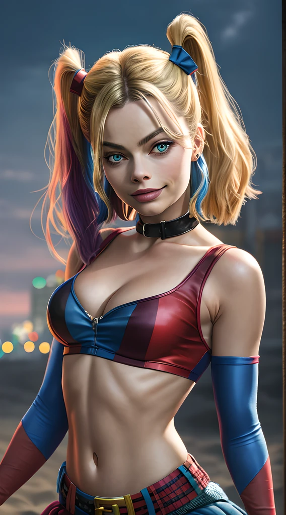 margot robbie as a gorgeous Harley Quinn standing on sand wind in the hair
