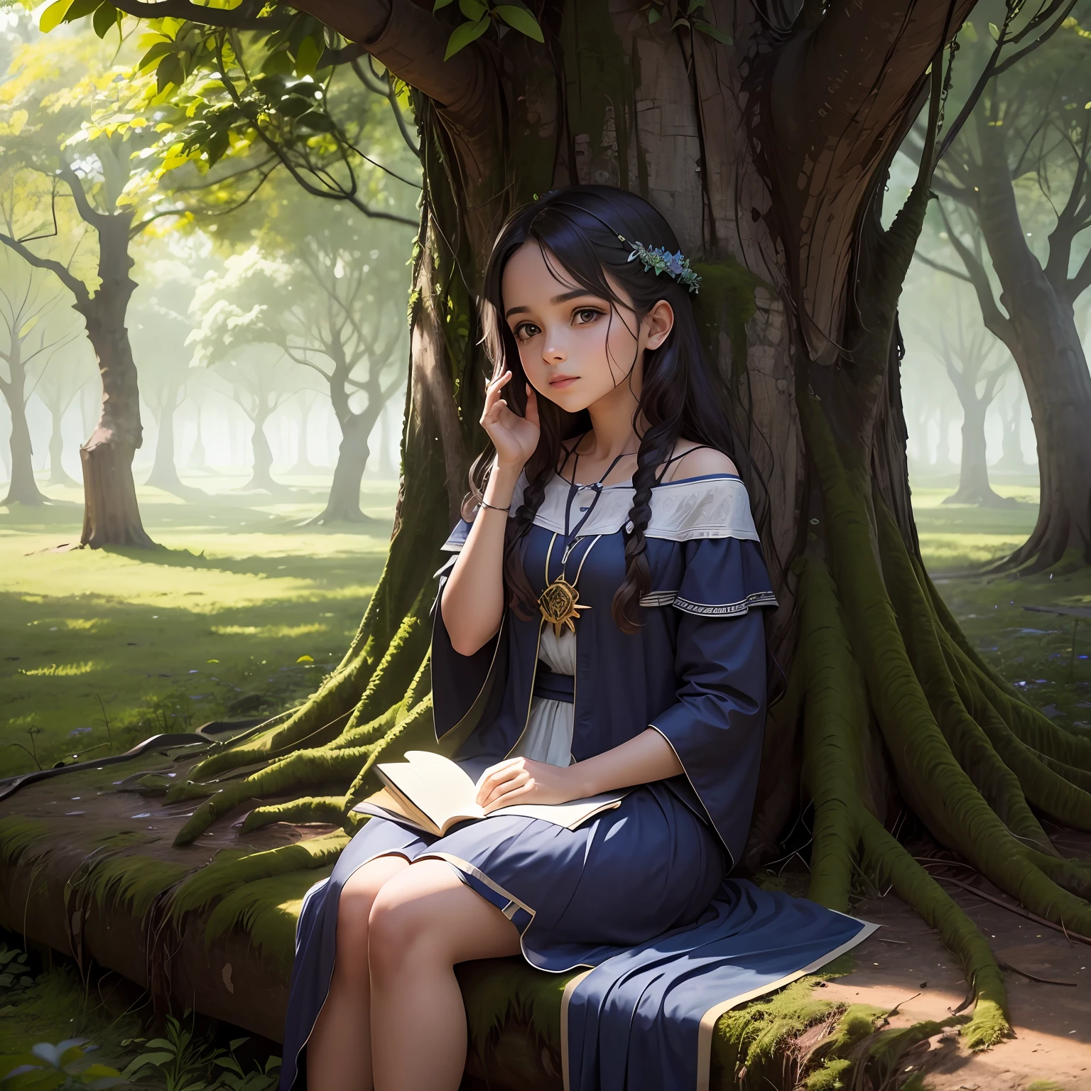 In a small village on the edge of a dense forest, vivia uma jovem chamada Sofia. She was known for her adventurous spirit and for always seeking the unexplored. Sofia tinha um grande sonho: Find the legendary "Tree of wisdom", an ancestral tree that, According to the stories, concedia conhecimentos e sabedoria infinitos a quem a encontrasse. --sem contorno-- 16:9 --auto