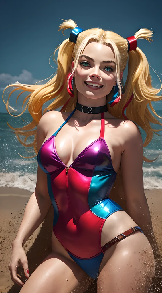 margot robbie as a gorgeous Harley Quinn standing on sand wind in the hair