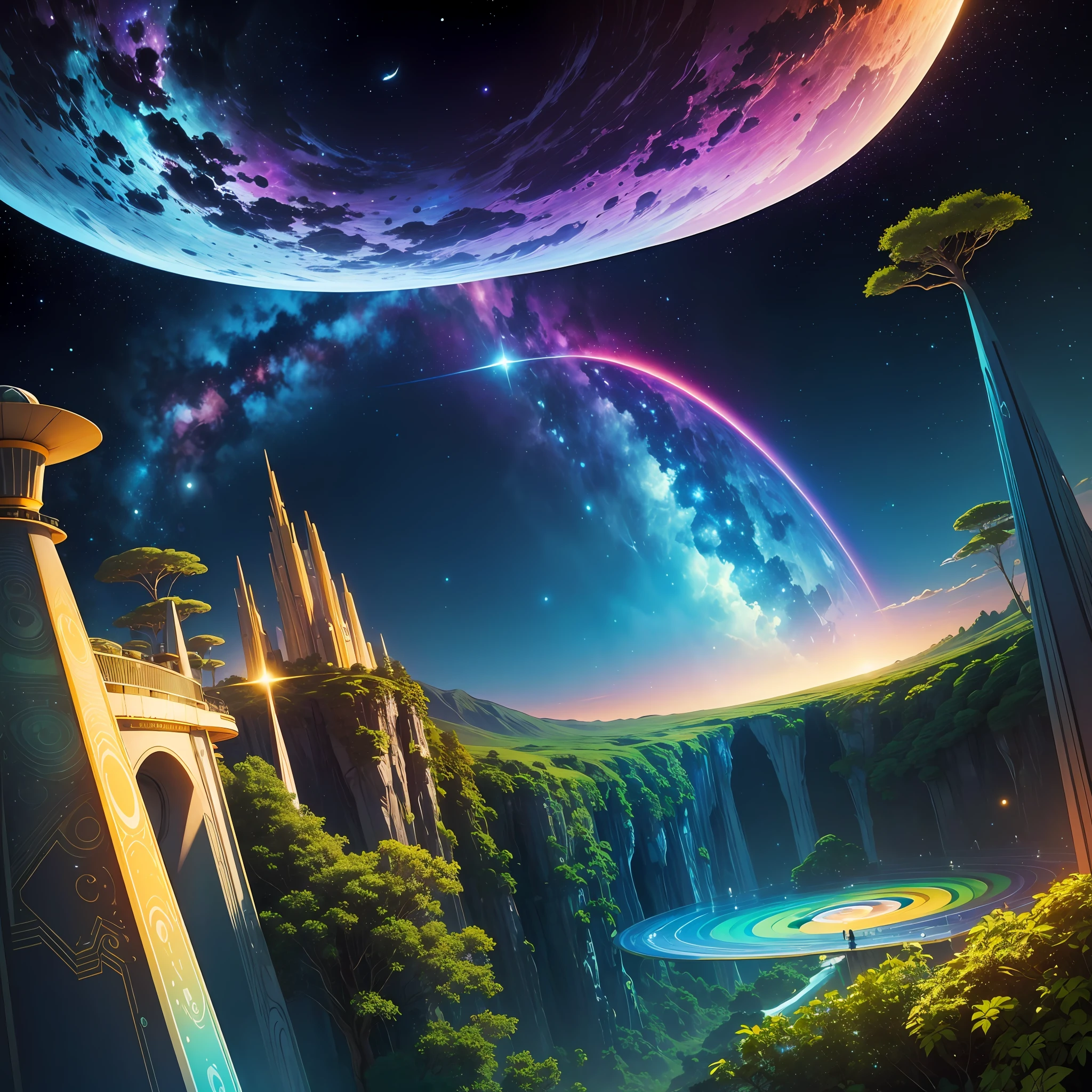 A true intergalactic surreal paradise, combination of the most beautiful colors, exotic planet, starly sky, Rainbow, luzes, constellation, um sonho, perfection of place, beautiful vegetation, beautiful trees, uma utopia --auto