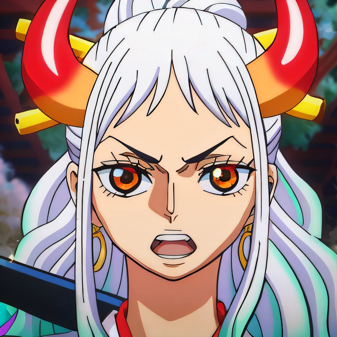 um close up de uma mulher com chifres e uma espada, Anime de hoje ainda em destaque, Arte Oficial, visual anime de uma jovem mulher, Captura de tela de Black Clover, from one piece, white horns queen demon, em jojo\A Aventura Bizarra, Kimetsu no yaiba, divindade de cabelos brancos, arte oficial, Captura de tela do anime Guro, portrait knights of zodiac girl --auto