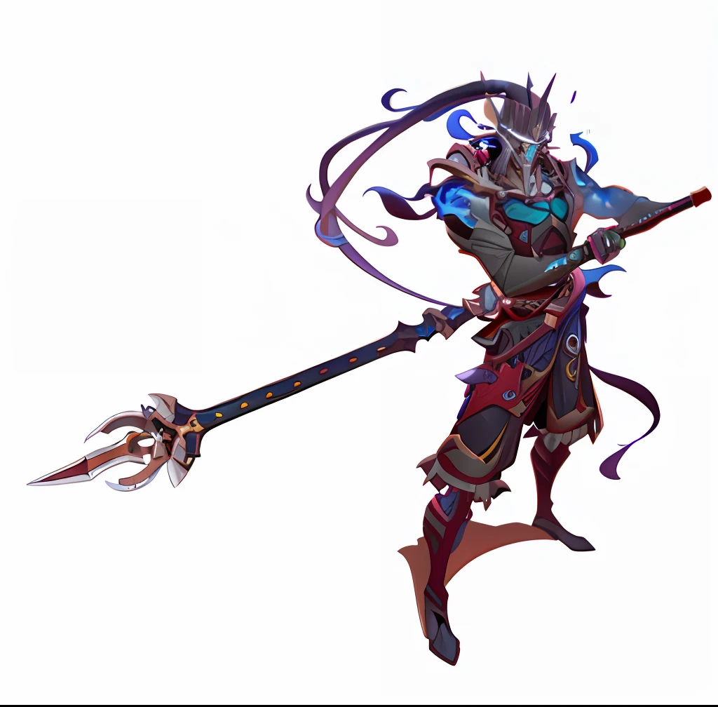 a closeup of a person holding a spear and a spear, estilo de duelyst, estilo de arte arcano, este personagem tem criocinese, Estilo de Kieran Yanner, hero character art, male djinn man demon hybrid, pintado no estilo arcano, djinn man male demon, Lich Demon Mage Classe, Personagem Genshin Impact, with leviathan axe