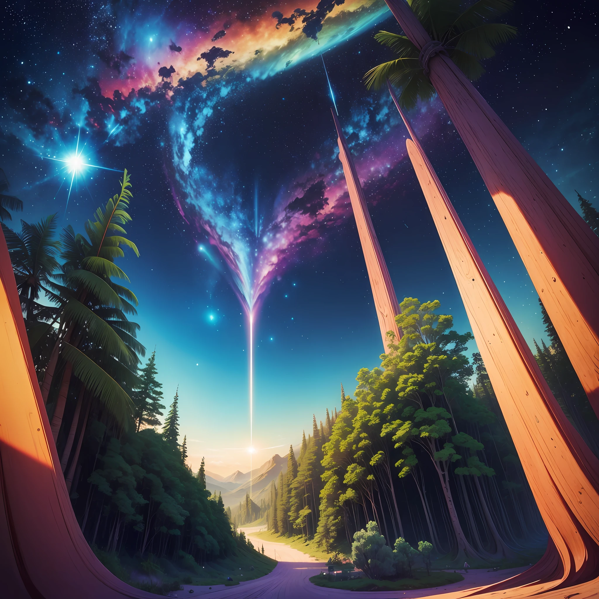 A true intergalactic surreal paradise, combination of the most beautiful colors, exotic planet, starly sky, Rainbow, luzes, constellation, um sonho, perfection of place, beautiful vegetation, beautiful trees, uma utopia --auto