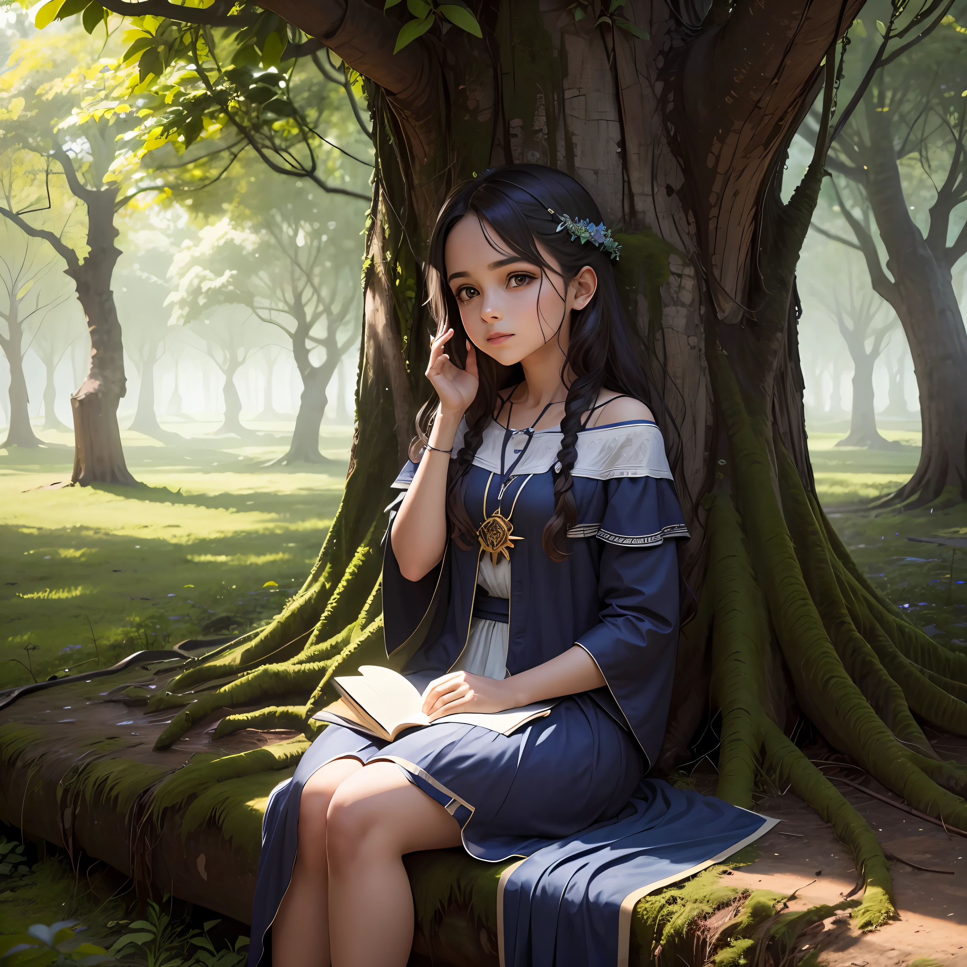 In a small village on the edge of a dense forest, vivia uma jovem chamada Sofia. She was known for her adventurous spirit and for always seeking the unexplored. Sofia tinha um grande sonho: Find the legendary "Tree of wisdom", an ancestral tree that, According to the stories, concedia conhecimentos e sabedoria infinitos a quem a encontrasse. --sem contorno-- 16:9 --auto