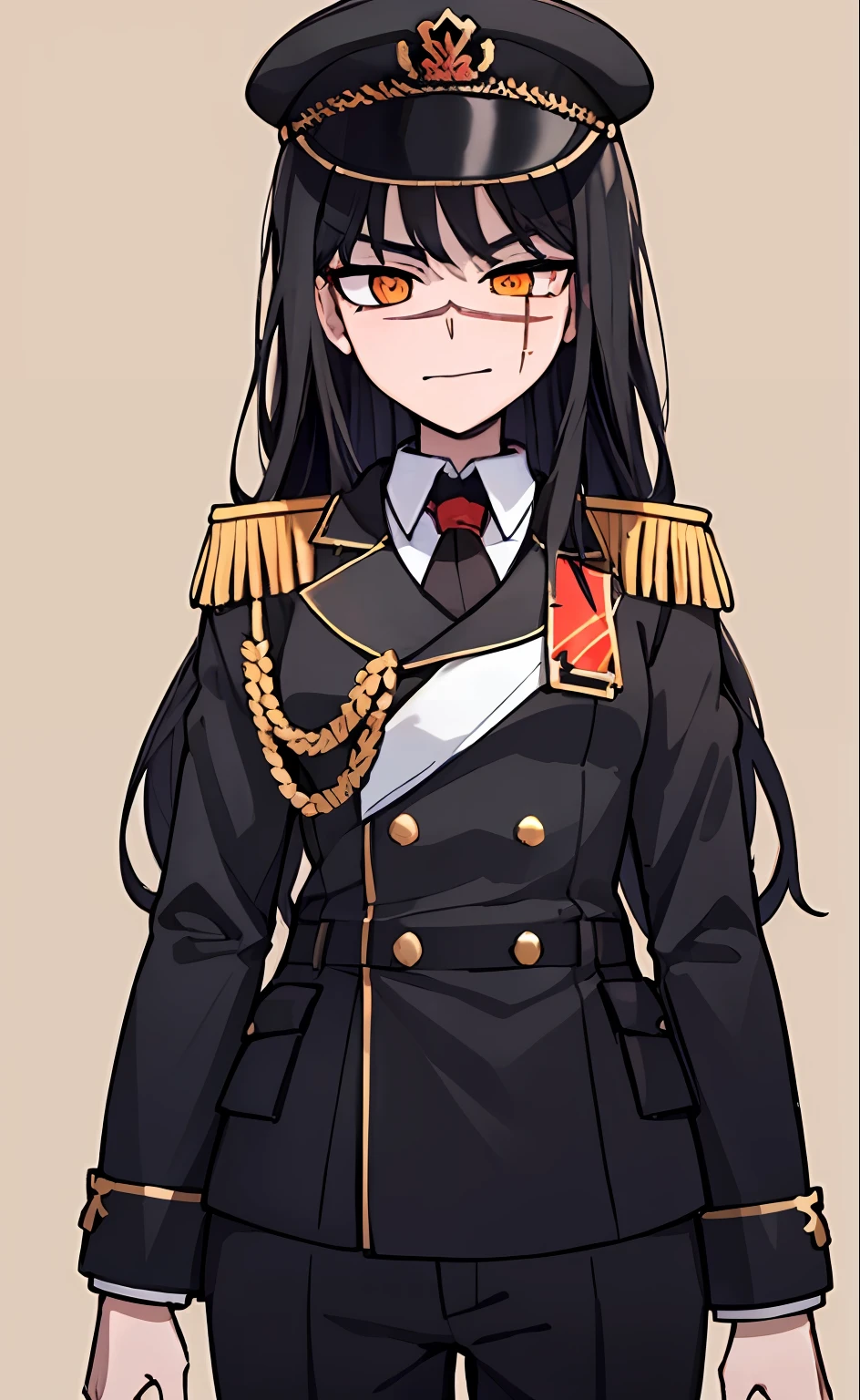 (masterpiece, best quality: 1.2), Solo, 1girl, Yoru \(Chainsaw Man\), looking at the viewer, different poses, red eye, long hair, completely black hair, reference to clothing of a German WWII general, black long sleeves (best quality), scar on face, beautiful eyes, has only 2 arms, has war medals on his clothes, Black Military Cap, Golden Eagle Medal on Clothing, (Wallpaper), (8K HD), (8K HD), Golden Shoulder Pads, Sprites, 1 Single Design (masterpiece, best quality: 1.2), Solo, 1girl, Yoru \(Chainsaw Man\), looking at the viewer, smile, happy, different poses, red eye, long hair, completely black hair, reference to clothing of a German WWII general, black long sleeves (best quality), scar on face, beautiful eyes, has only 2 arms, has war medals on his clothes, black military cap, golden eagle medal on clothing, (wallpaper), (8K HD), (8K HD), (8K HD), golden shoulder pads, sprites, 1 single design