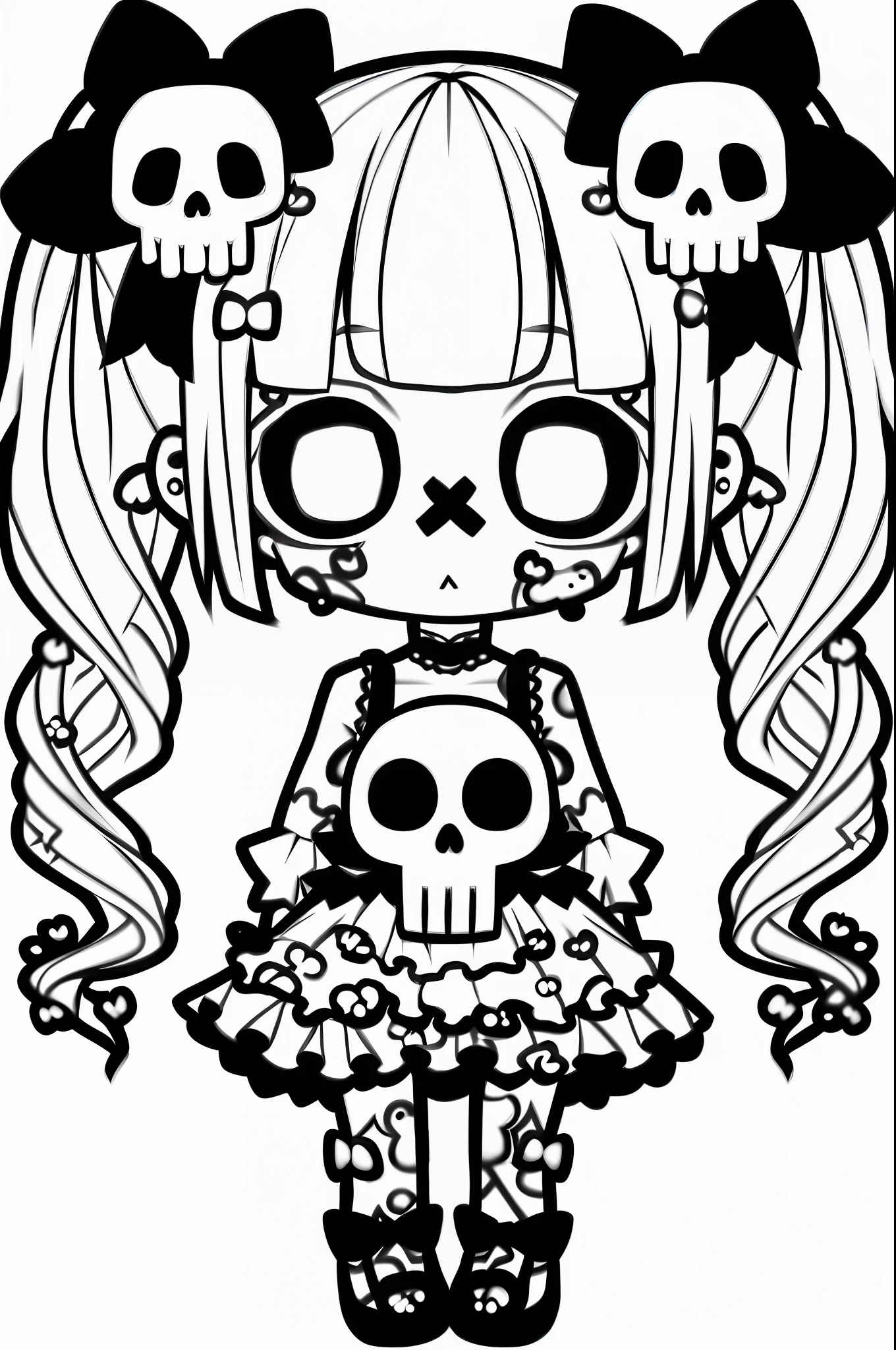 a cartoon girl with long hair and skulls on her head, anime skull portrait woman, creepy kawaii, cute skeleton, black and white manga style, skeleton girl, gothic art style, goth girl, intense line art, kawaii anime manga style, gothcore, extremely fine ink lineart, manga art style, dollpunk, eerie and grim art style, kawaii manga style