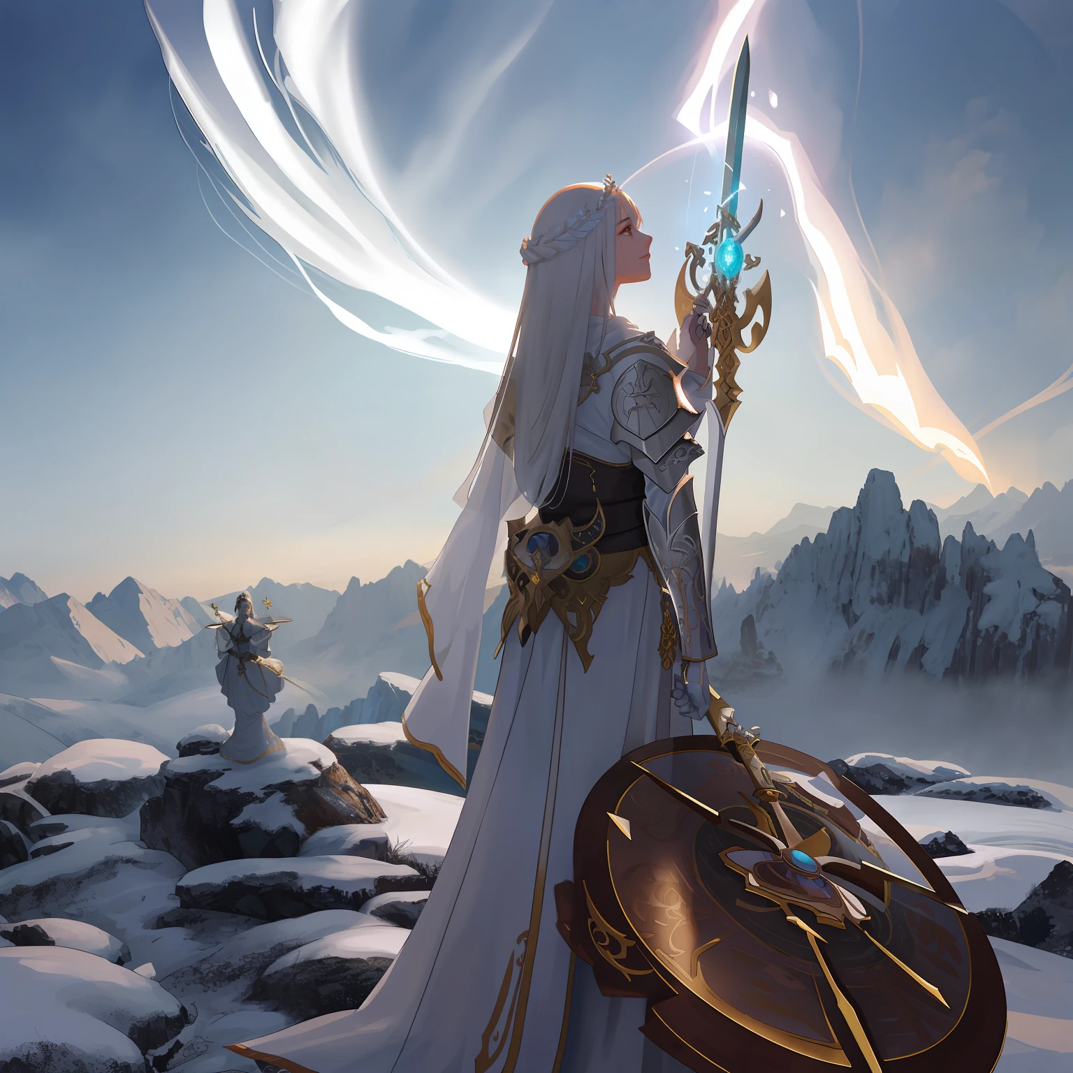 There is a woman dressed in white holding a sword and a shield, Unreal Engine Arte de fantasia, guerreiro da luz, unreal engine render + uma deusa, Fantasia De Alta Qualidade Foto Stock, Epic Fantasy Digital Art Style, elegant cinematic fantasy art, flowing white robes, Foto do personagem de fantasia, cinematic goddess shot, beautiful and cinematic lighting, epic fantasy digital art, deus do inverno