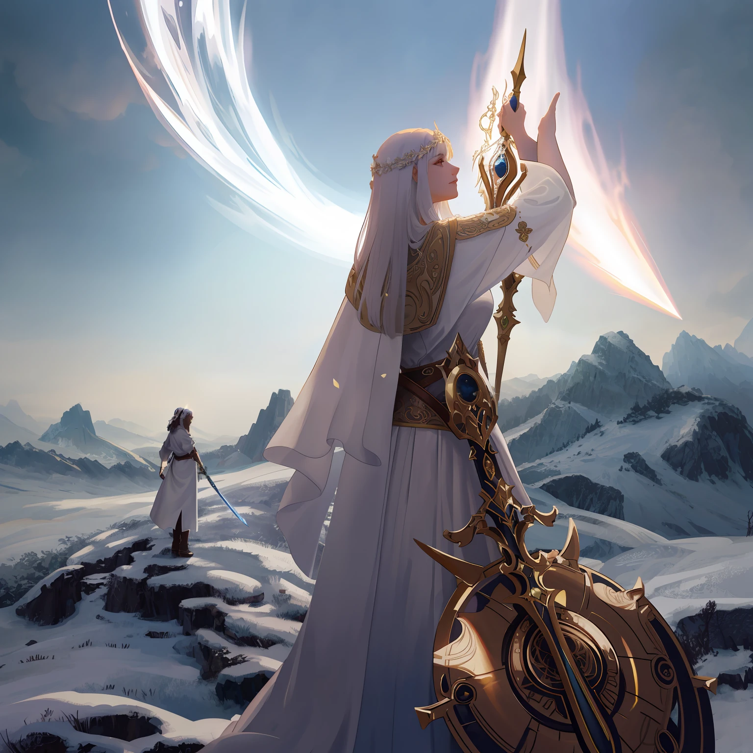 There is a woman dressed in white holding a sword and a shield, Unreal Engine Arte de fantasia, guerreiro da luz, unreal engine render + uma deusa, Fantasia De Alta Qualidade Foto Stock, Epic Fantasy Digital Art Style, elegant cinematic fantasy art, flowing white robes, Foto do personagem de fantasia, cinematic goddess shot, beautiful and cinematic lighting, epic fantasy digital art, deus do inverno