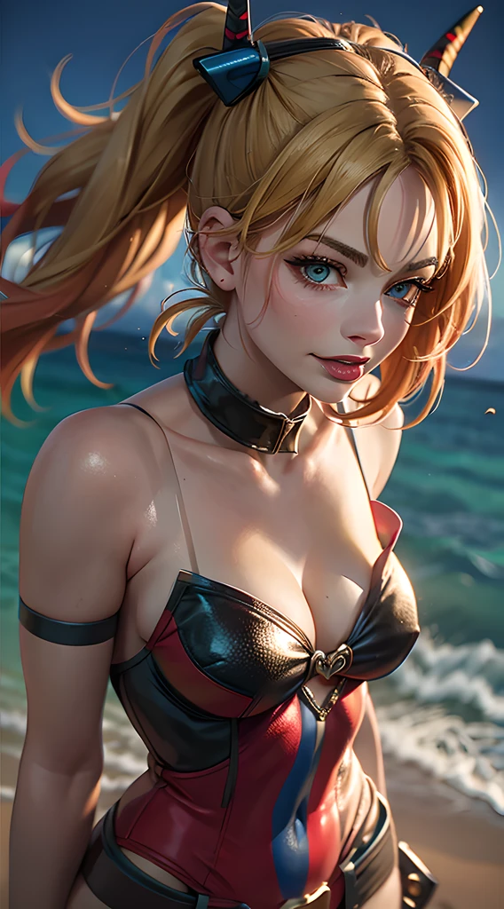 margot robbie as a gorgeous Harley Quinn standing on sand wind in the hair