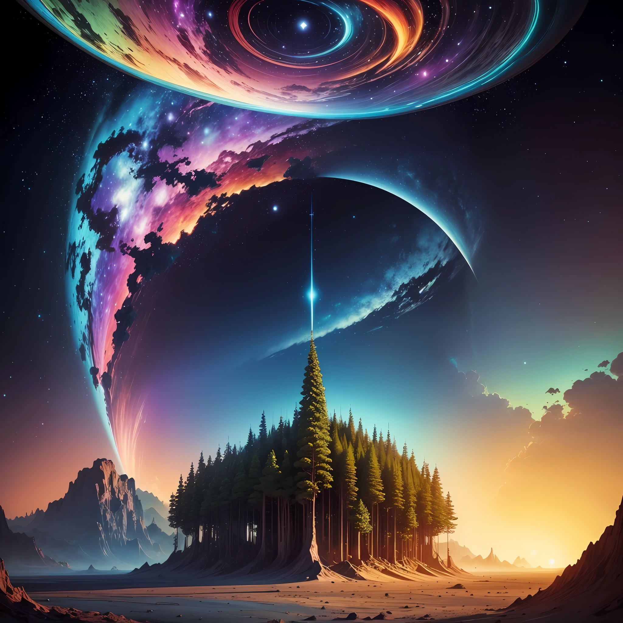 A true intergalactic surreal paradise, combination of the most beautiful colors, exotic planet, starly sky, Rainbow, luzes, constellation, um sonho, perfection of place, beautiful vegetation, beautiful trees, uma utopia --auto
