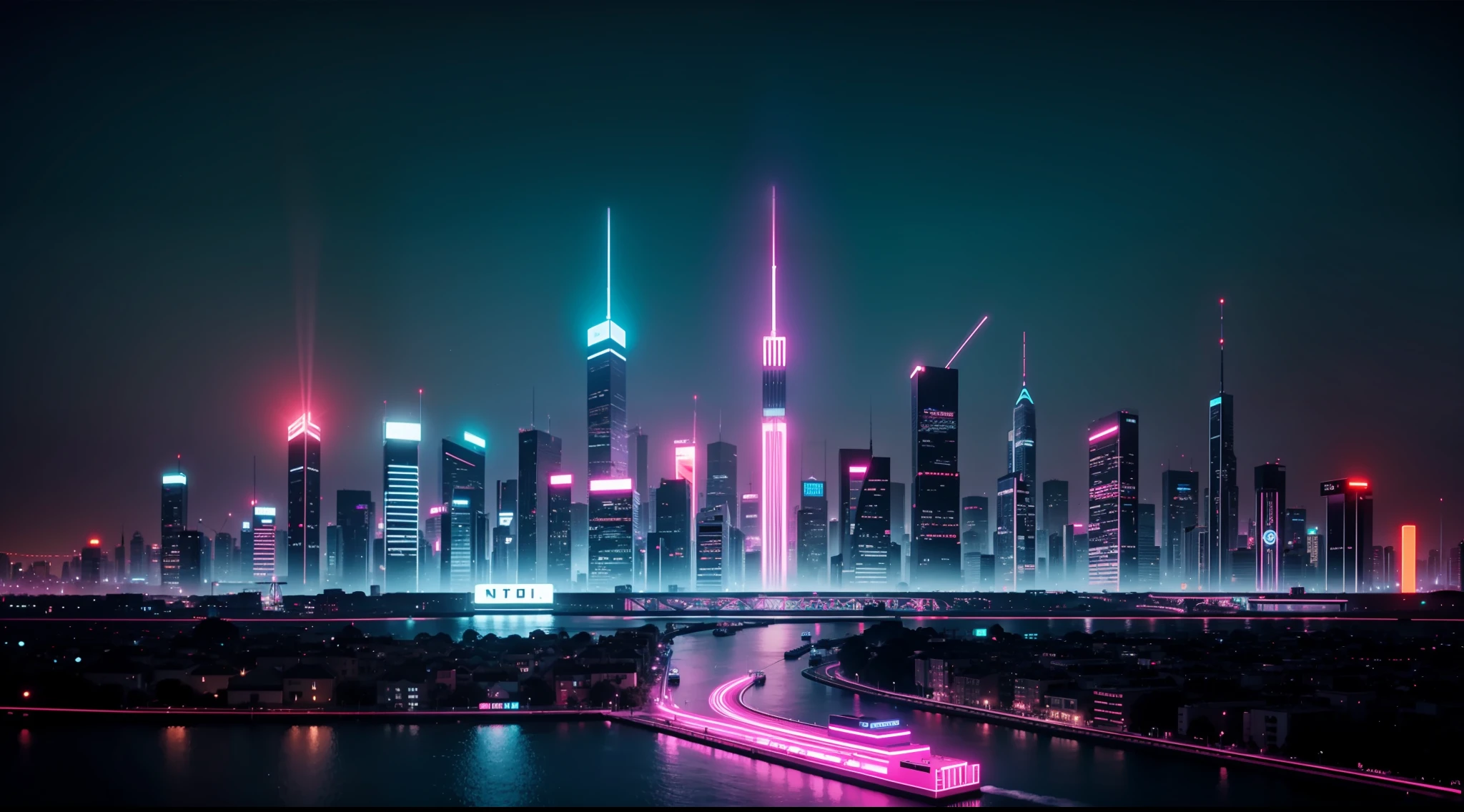 City skyline with Neón synth retro style