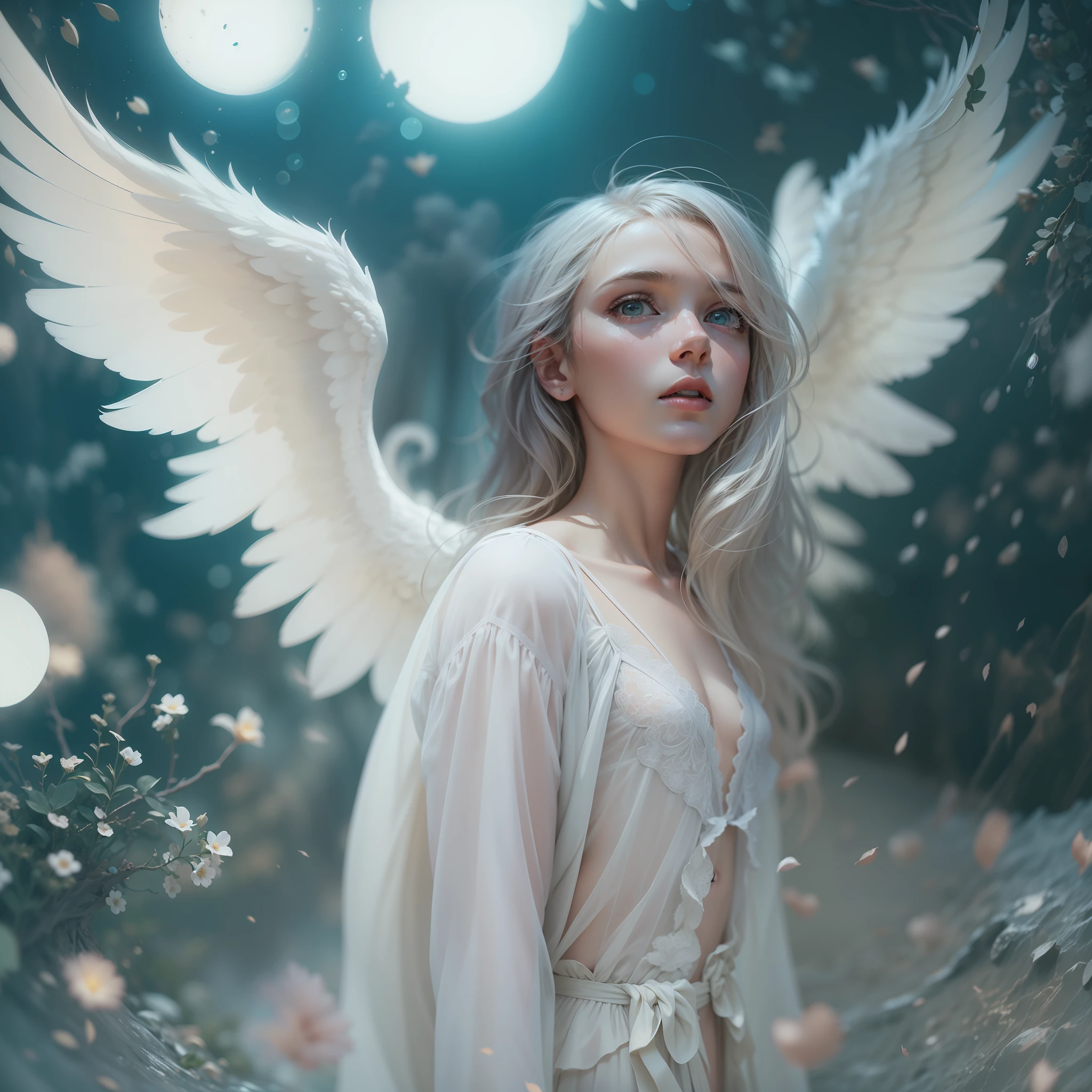 Uma impressionante e intrincada foto colorida de um anjo majestoso e celestial branco brilhante, com profundidade e textura, epic character composition, Por Ilya Kuvshinov, Alessio Albi, Nina Masic, foco nítido, natural lightting, espalhamento subsuperficial, f2, 35mm, grain of film