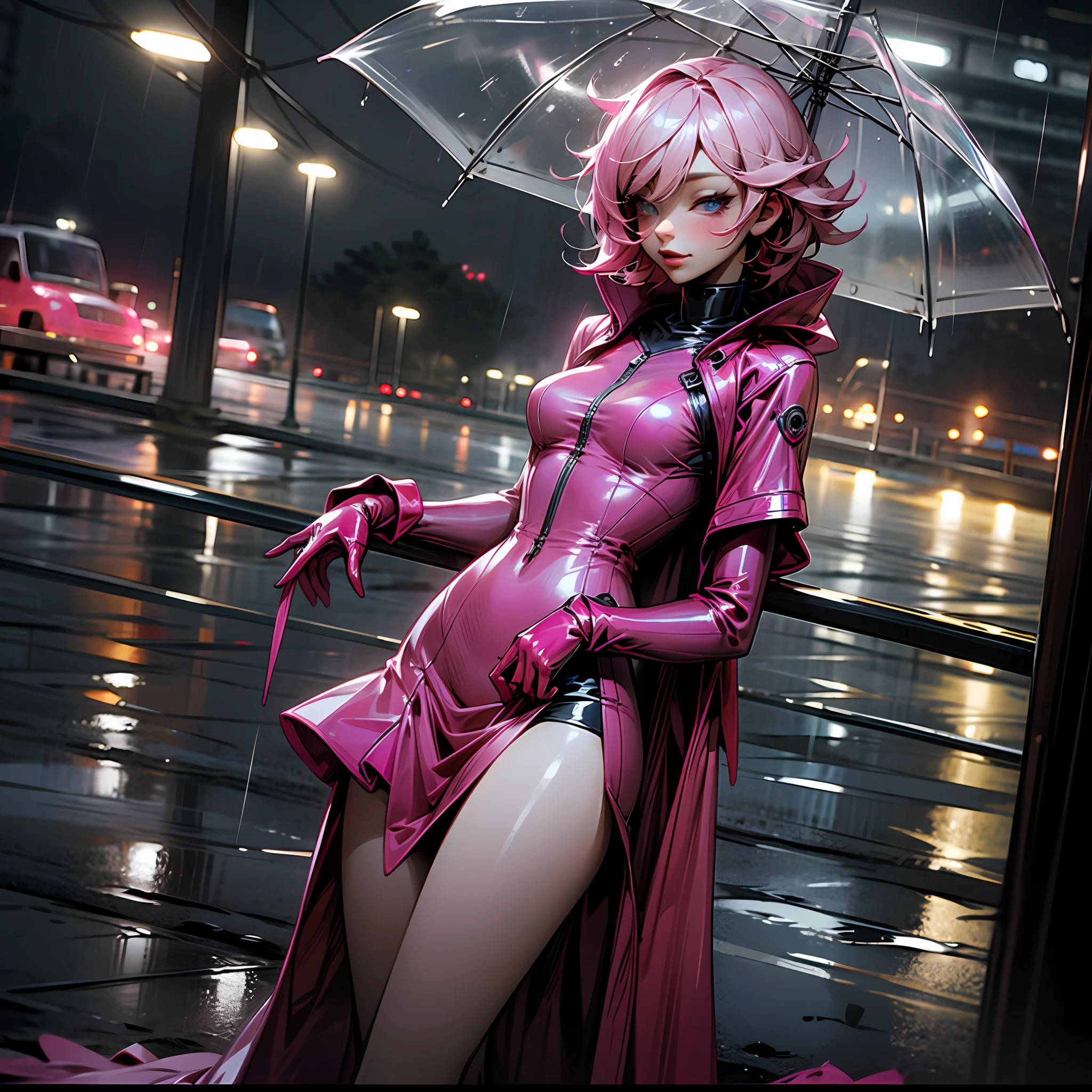 Pink latex dress, outside, rainy night, sexy --auto