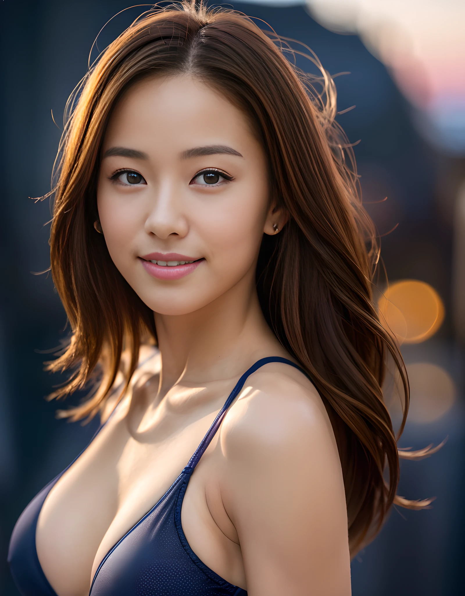(realistic, photo-realistic:1.37), (masterpiece), (best quality:1.4), (ultra high res:1.2),(RAW photo:1.2), (sharp focus:1.3), (face focus:1.2), elegant, (full body:1.2), full entire body, (1 girl wearing detailed navy sports bikini:1.3), (athlete), professionattire, (33yo:1.1), (light smile:1.3), (brown hair:1.3), (tin hair:1.3), BREAK,
(huge breast:1.37, big cleavage), scenery, (detailed Beautiful Sunset track and field view background:1.2, simple background), from behind, backshot, bangs, beautiful detailed eyes, looking at viewer, (cute), (no makeup), clean face, hands free, centered image, whole body image,