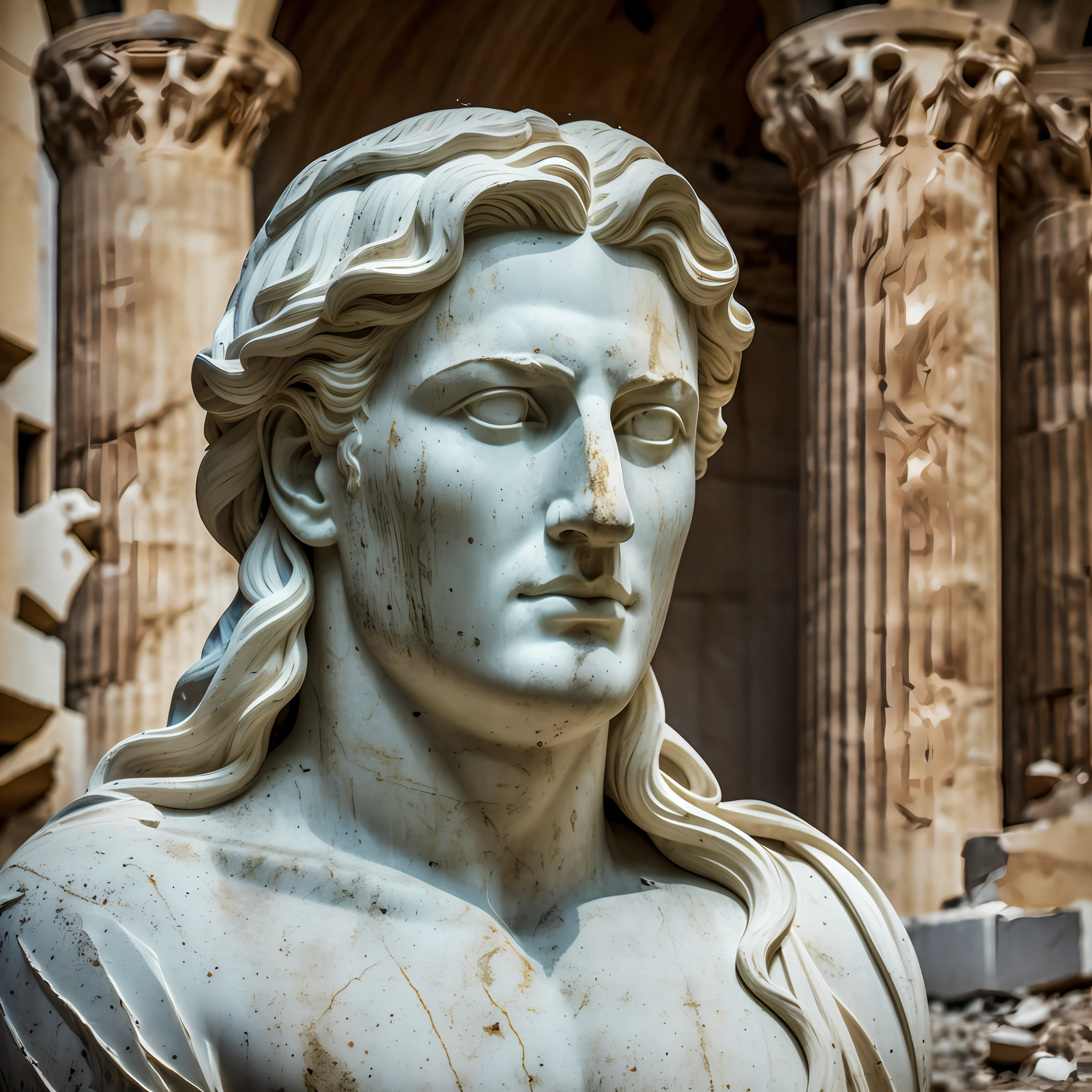 portrait marble scultpture of a greek god face in a destroyed place, cinematography, epic light and shadow, a lot of contrast, professional photography --auto --s2