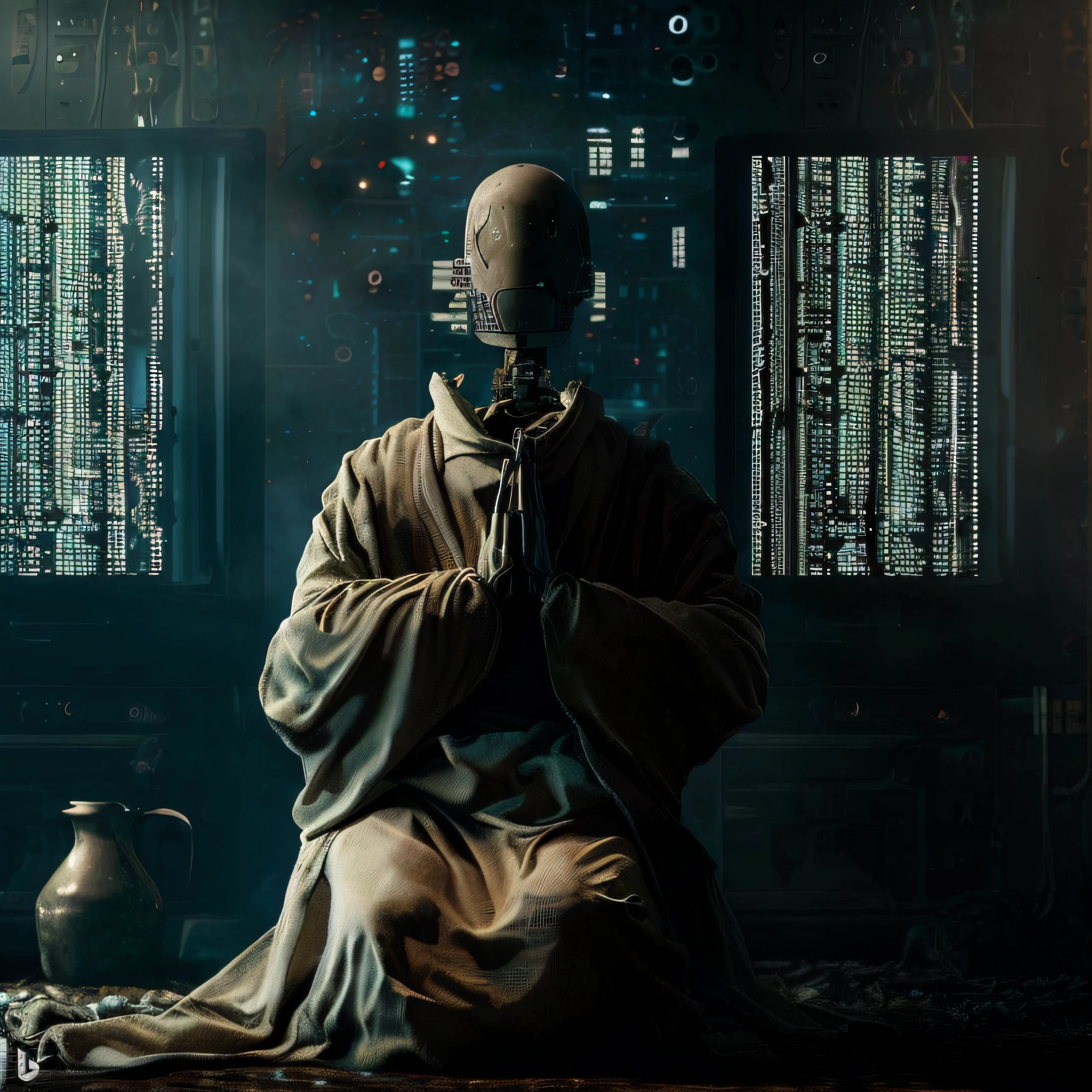 There's a robot on a rug in a room, zen méditation cyberpunk, Cyberpunk ortodoxo, um ciborgue meditando, Cyberpunk Jesus Cristo, old Cyberpunk 8k resolution, hacker Cyberpunk, templo Cyberpunk, Cyberpunk))), scifi religioso, por beeple, transumanista Cyberpunk, estilo Cyberpunk horror, tem estilo Cyberpunk, estilo de carbono alterado, estilo Cyberpunk silenciado