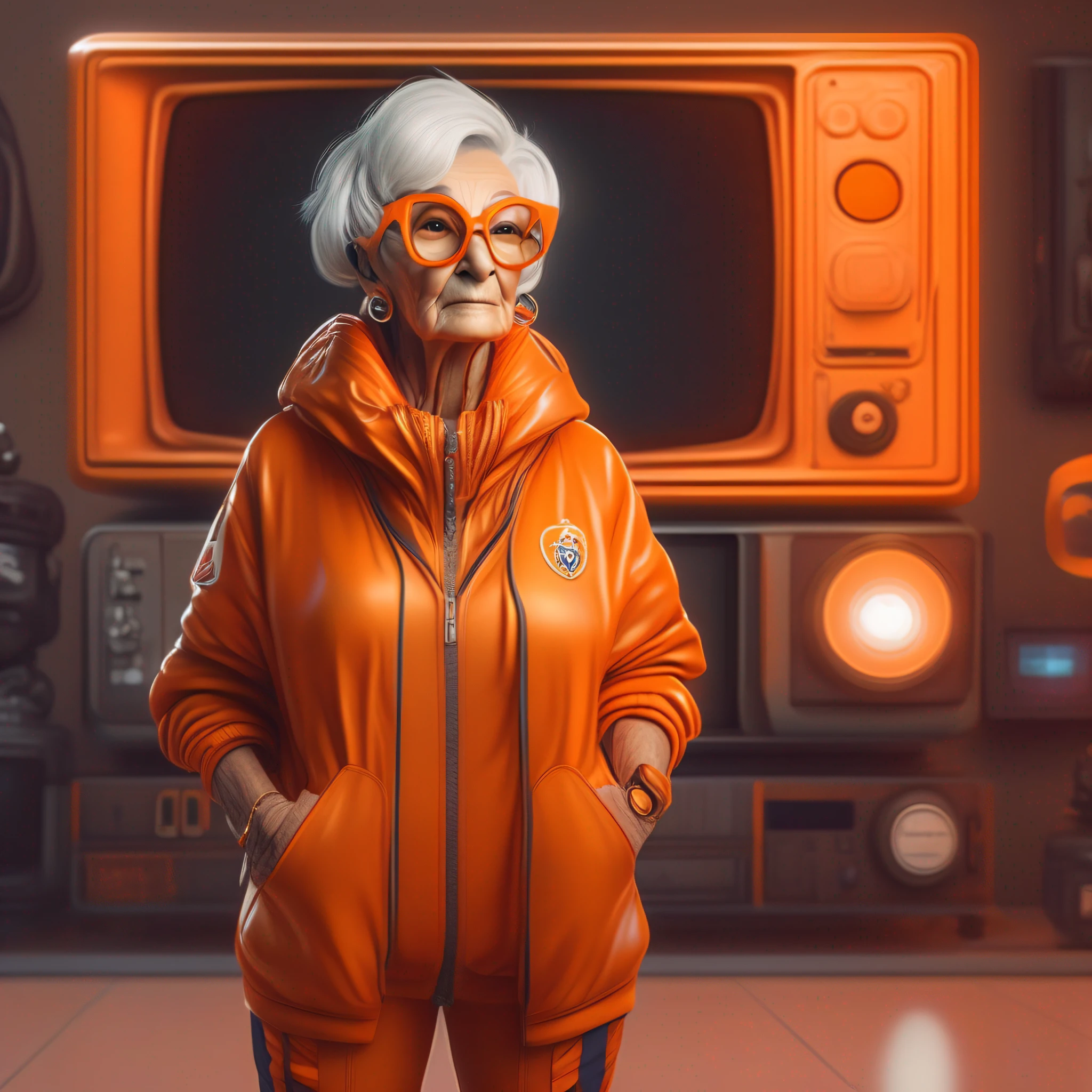 Iris Adfel-type character standing in an orange soccer outfit, large television screen background, full shot, symmetrical, Greg Rutkowski, Charlie Bowater, Beeple, Unreal 5, hyper realistic, dynamic lighting. --auto