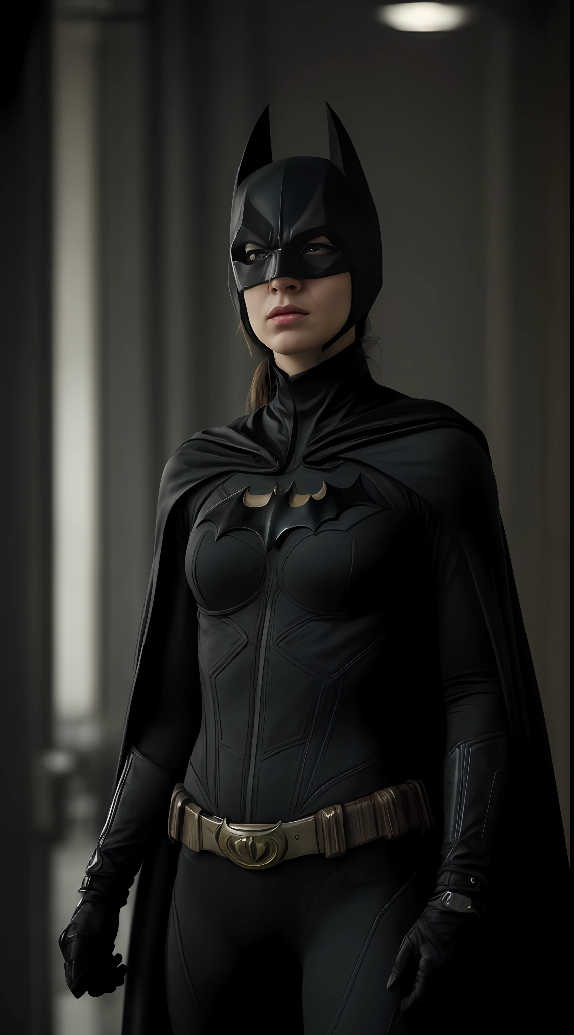 In the image, a young woman of 18 years radiates a unique blend of youthful vitality and determined grit, portrayed in a strikingly realistic fashion. Her skin is delicate and flawlessly smooth, reflecting her youth and providing a stark contrast to the rugged, battle-ready persona of Batman that she is embodying. Her expressive eyes are full of tenacity and strength, hinting at the resilience of the character she represents.

She is garbed in an incredibly detailed Batman costume. The suit, traditionally associated with a rugged masculinity, has been feminized while maintaining its classic, menacing aura. The dark, matte black of the suit clings to her figure, accentuating her youthful physique while asserting an aura of mystery and power. The iconic bat symbol is emblazoned across her chest, standing out starkly against the surrounding dark fabric.

The suit is textured with various segments, just like Batman's tactical armor, designed for high mobility and protection. The intricate detail of the suit's design draws attention to its realism, looking as though it's been taken straight out of Gotham City's darkest corners.

Her hands are enclosed in gauntlets, armed with stylized bat-themed weapons, further adding to her formidable appearance. A flowing cape billows out behind her, adding a sense of dramatic flair. Her face, a picture of focused determination, is partially obscured by Batman's signature cowl, her eyes piercing through the shadows beneath it.

The image is set against a backdrop that looks like the grim skyline of Gotham City, with its gothic architecture silhouetted against a moody, overcast sky. The overall picture speaks volumes about the strength and courage of both the woman and the character she portrays. It's a startling juxtaposition of youthful innocence and the brooding intensity of the Batman persona.