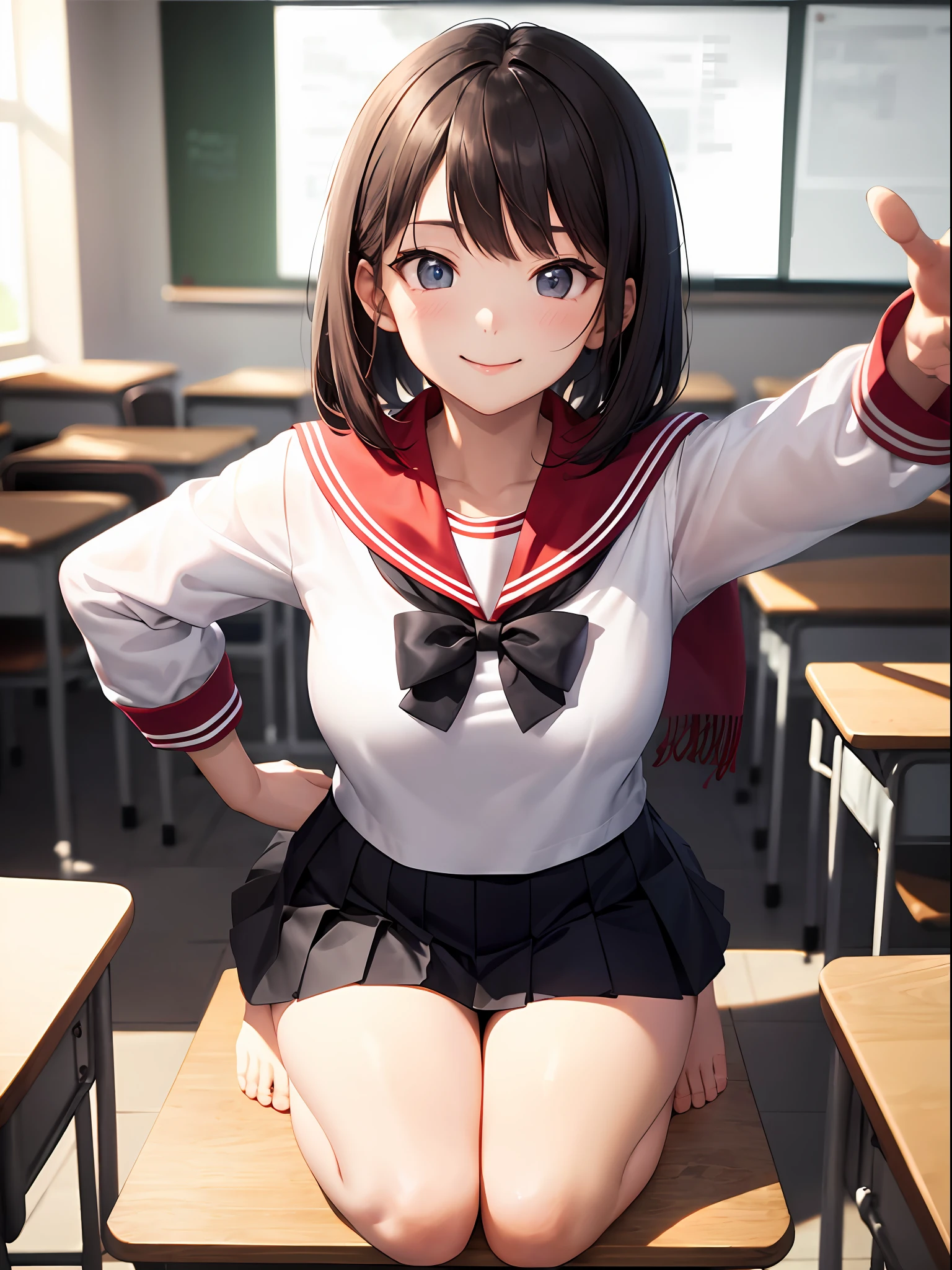 ahegao silly / sexual ecstasy)、appreciate、Bow、Seiza, (Solo: 1.3), (Illustrations: 1.3), (Best Quality: 1.3), (outline: 1.2), (official concept art: 1.2), (dynamic pose and angle: 1.6), (Looking at Viewer: 1.4), (4k wallpaper: 1.2), (limited tone: 1.8), (Cinematic Light: 1.2), (nffsw: 1.1), (all intricate: 1.2), (Flat color: 1.7), (In the classroom: 2.0), 
(Beautiful detailed eyes: 1.5), tareme, 
18 years old, (Smile: 1.5), 
bob cuts、Blunt bangs, Straight hair, Floating hair, (Red Sailor Scarf: 1.3), 
Large breasts, 
Take off your uniform, (White Seravuk and long-sleeved shirt: 1.3), 鎖骨, Pleated skirt, Sailor collar, lowfers,