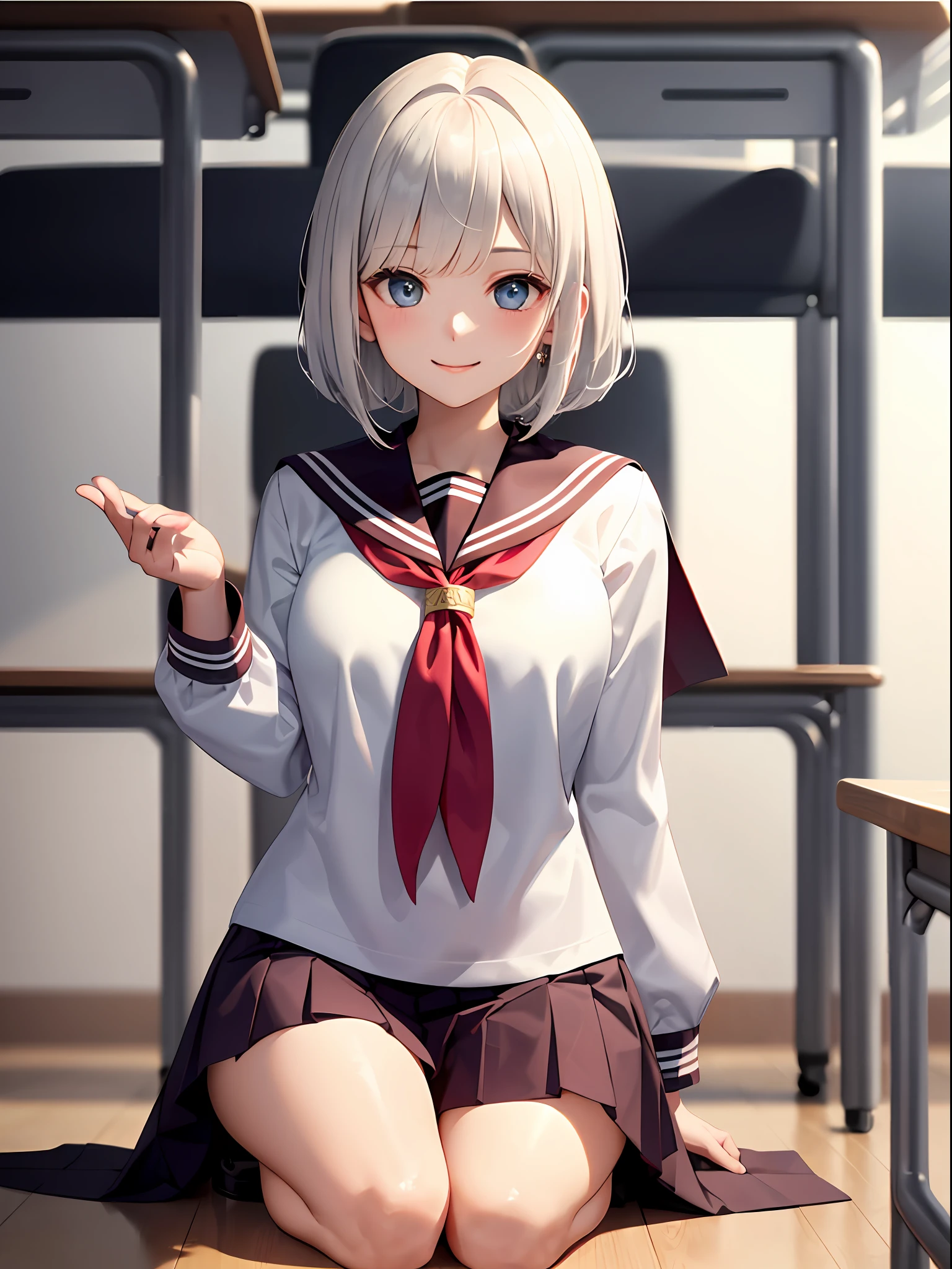 ahegao silly / sexual ecstasy)、appreciate、Bow、Seiza, (Solo: 1.3), (Illustrations: 1.3), (Best Quality: 1.3), (outline: 1.2), (official concept art: 1.2), (dynamic pose and angle: 1.6), (Looking at Viewer: 1.4), (4k wallpaper: 1.2), (limited tone: 1.8), (Cinematic Light: 1.2), (nffsw: 1.1), (all intricate: 1.2), (Flat color: 1.7), (In the classroom: 2.0), 
(Beautiful detailed eyes: 1.5), tareme, 
18 years old, (Smile: 1.5), 
bob cuts、Blunt bangs, Straight hair, Floating hair, (Red Sailor Scarf: 1.3), 
Large breasts, 
Take off your uniform, (White Seravuk and long-sleeved shirt: 1.3), 鎖骨, Pleated skirt, Sailor collar, lowfers,