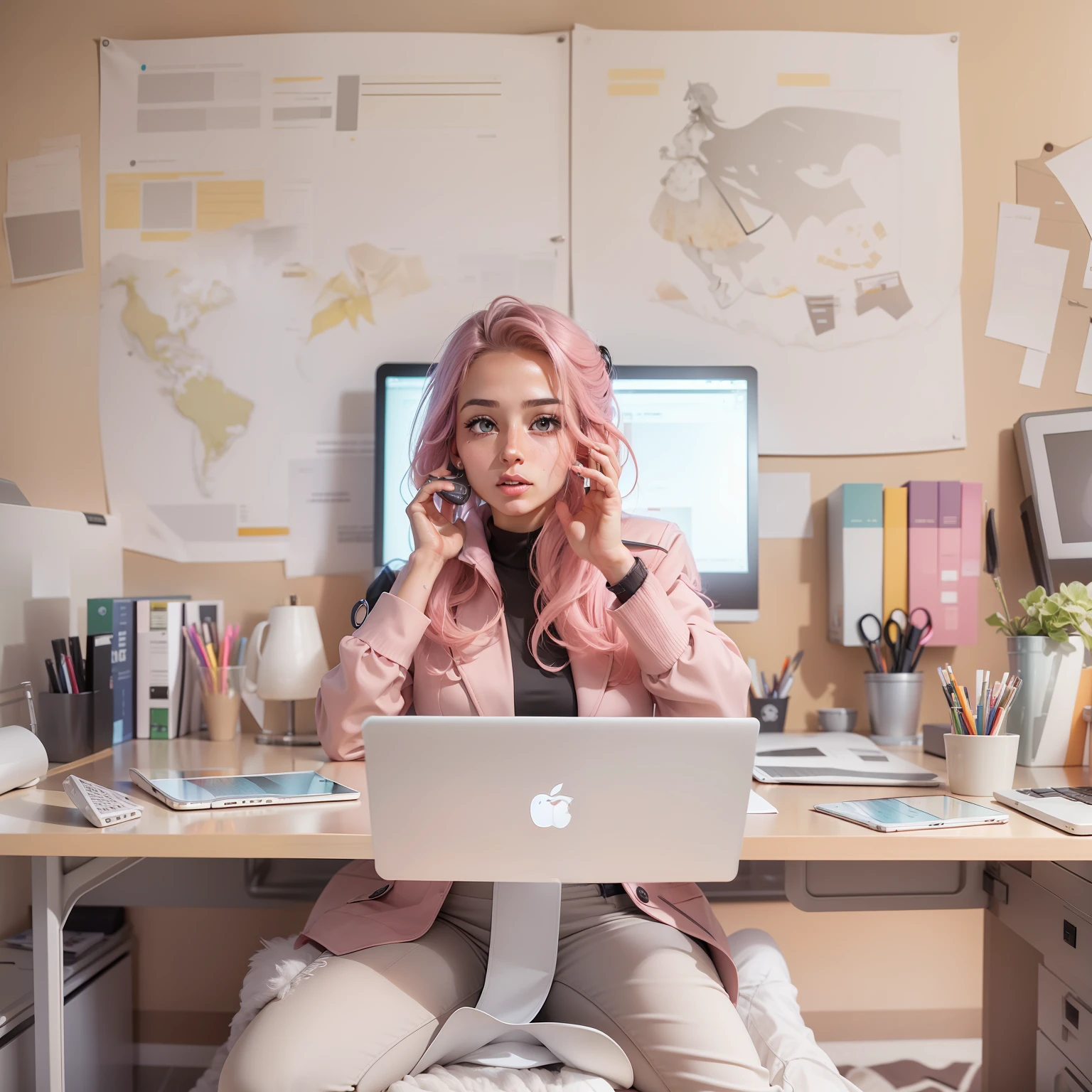 Crie uma imagem inspiradora que represente uma jovem profissional de marketing digital trabalhando de forma eficiente e organizada em seu home office. The protagonist is a woman between 20 and 25 years old, com olhos castanhos escuros e cabelos loiros com luzes loiras, conveying a confident and determined appearance. She is in a nice and well-organized work environment with pink and white palettes, com uma mesa limpa e arrumada, um computador moderno e outros elementos relevantes para o marketing digital, como livros, cadernos, canetas coloridas e um mural com notas e ideias. Make sure the image is sharp and use neutral colors conveying a clean environment. Destaque a produtividade e a disciplina da protagonista, bem como a atmosfera aconchegante do home office. This image should arouse the interest of viewers in following the profile and seek the guidance of digital marketing mentoring that offers American strategies and hidden products validated for online success