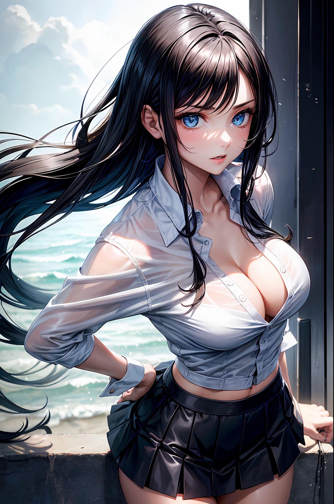 8K, Attractive, intensely detailed, 20 Year Old Girl, sexy and attractive woman with dark, black hair. She has beautiful sky-blue eyes with a heart inside. She is dressed in white, short and unbuttoned shirt. She is wearing a blue miniskirt. Her skirt is lifted up, and from under the skirt we see sexy, black lace panties with bow.