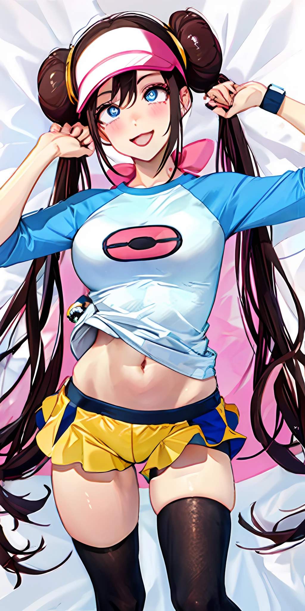 masterpiece, best quality, high resolution, ro1, bun, blue eyes, twintails, beanie with visor, tights, raglan sleeves, yellow shorts, shirt, pink bow, wristwatch, standing, leaning forward, gym, bare belly, shiny skin, tongue out of mouth, blush, sexy body, defined body, perfect eyes, tongue out, blush, crossed eyes