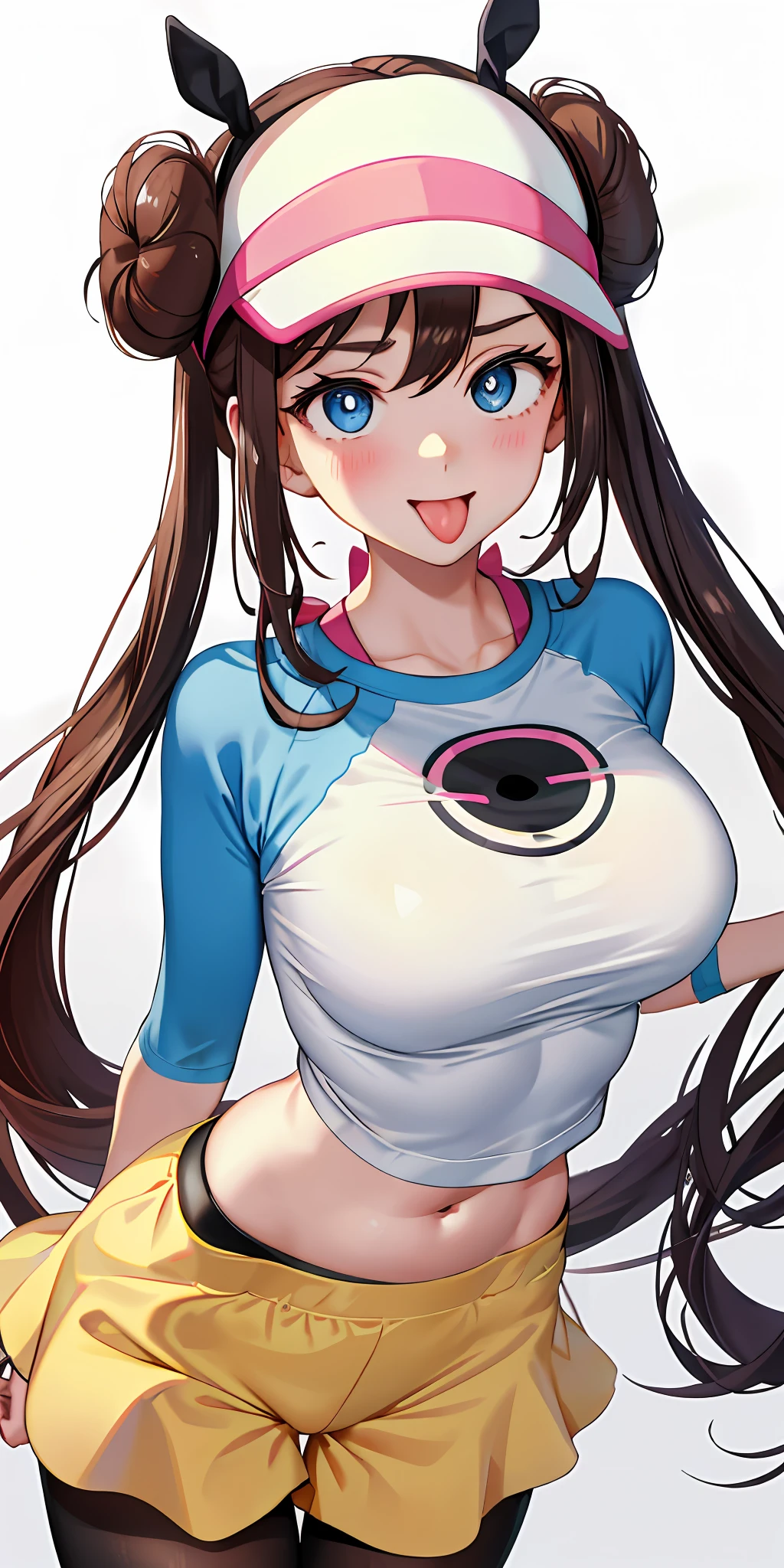 masterpiece, best quality, high resolution, ro1, bun, blue eyes, twintails, beanie with visor, tights, raglan sleeves, yellow shorts, shirt, pink bow, wristwatch, standing, leaning forward, gym, bare belly, shiny skin, tongue out of mouth, blush, sexy body, defined body, perfect eyes, tongue out, blush, crossed eyes, big breast, tight-fitting clothes