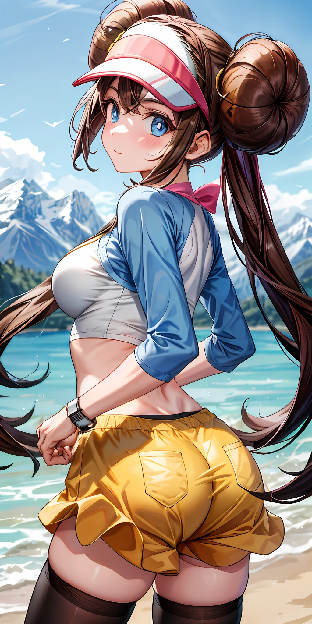 masterpiece, best quality, high resolution, ro1, bun, blue eyes, twintails, beanie with visor, tights, raglan sleeves, yellow shorts, shirt, pink bow, wristwatch, standing, from behind, (((close up ass))), big booty, mountain background, bare belly, shiny skin, blush, sexy body, defined body, perfect eyes, big breast, tight-fitting clothes