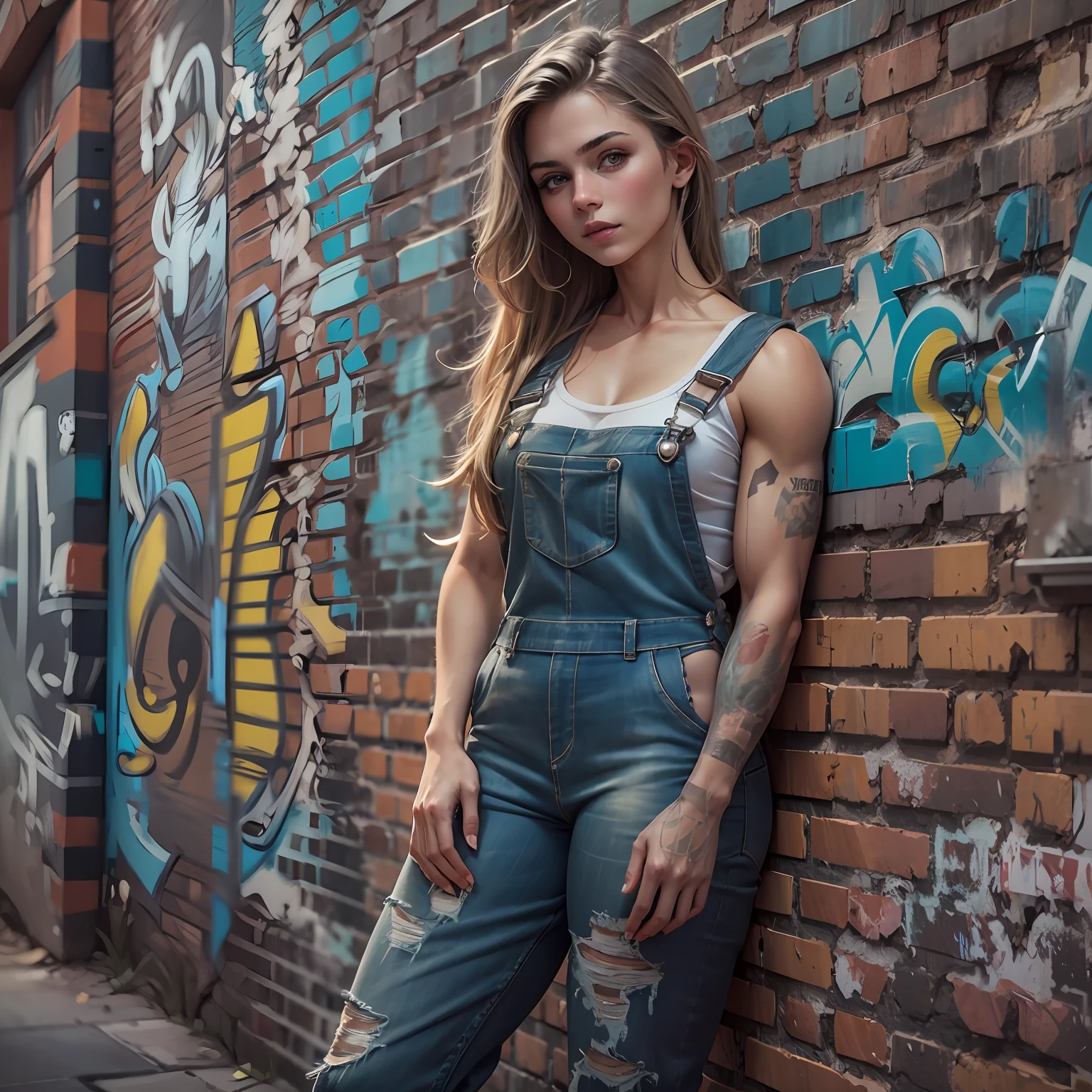beautiful 19 year old girl, muscular arms, overalls, looking at camera, graffitied old brick wall, Hyperrealism, bloom, cowboy shot, UHD, best quality, highres, 1080P, high details, 8k