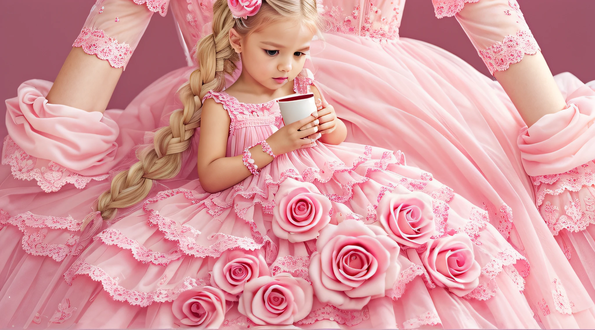 Kids blonde BRAIDS in pink dress holding a cup of coffee and a bag, vestido com um vestido rosa, vestido de baile rosa brilhante, doce, romantic rose tutu, meninae-rosa, Loli, dress he style of rococo, menina elegante,themed girl, estilo de conto de fadas, menina rosa bonita, Loces, por Wayne England, next gen, vestido rosa