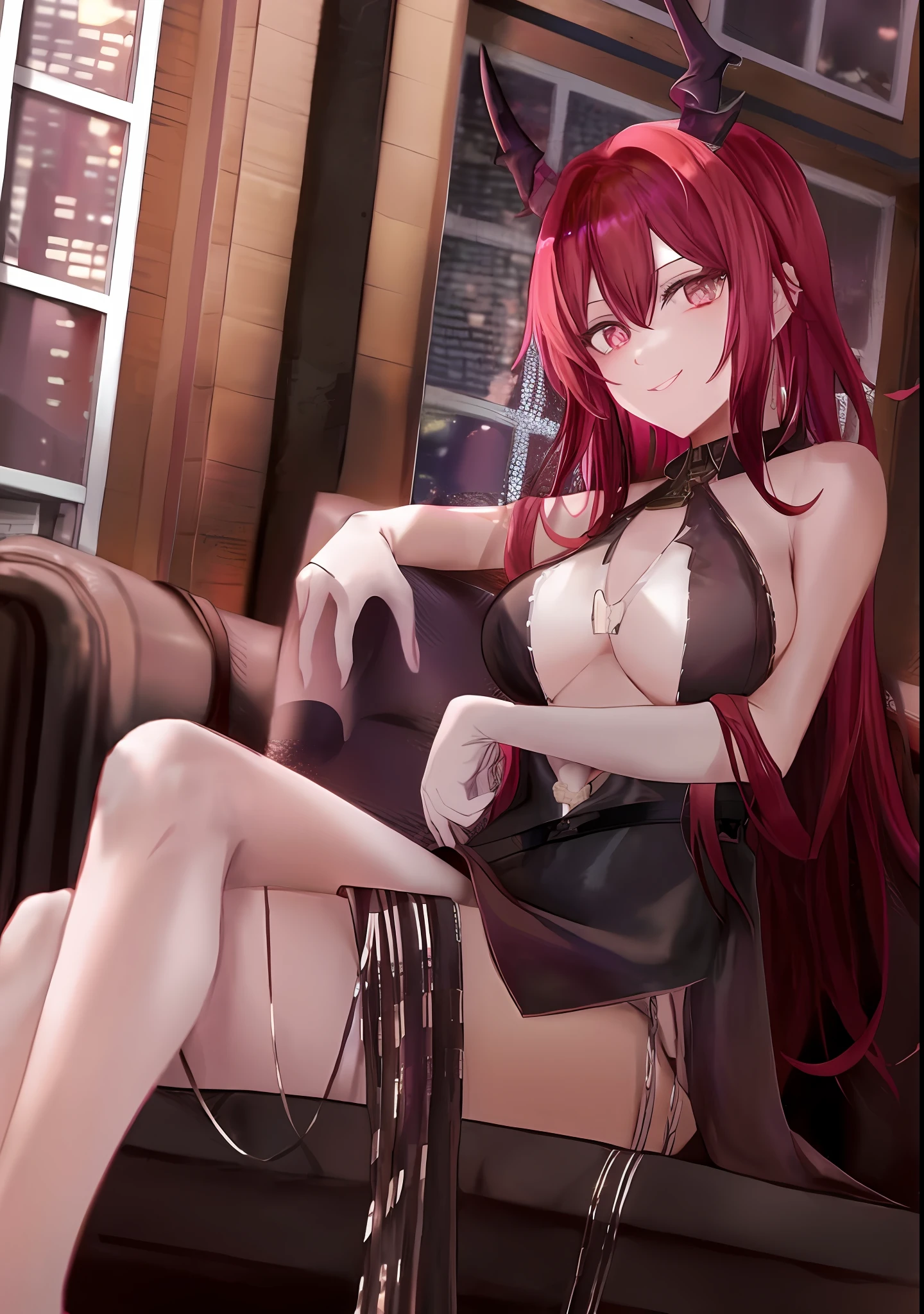 tmasterpiece, best qualtiy, A high resolution,  devil horns, Pupil of the slit, White gloves, White dress,, station, loss, Evil smile, reaching out, arms out, arms out,