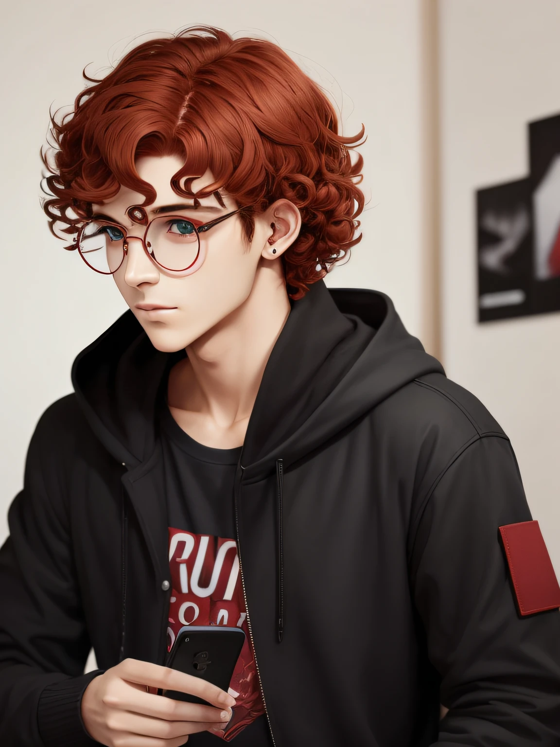 Homem com caracteriscas de: round glasses, medium curly red hair, moletom preto, fone de ouvido. estilo anime --auto