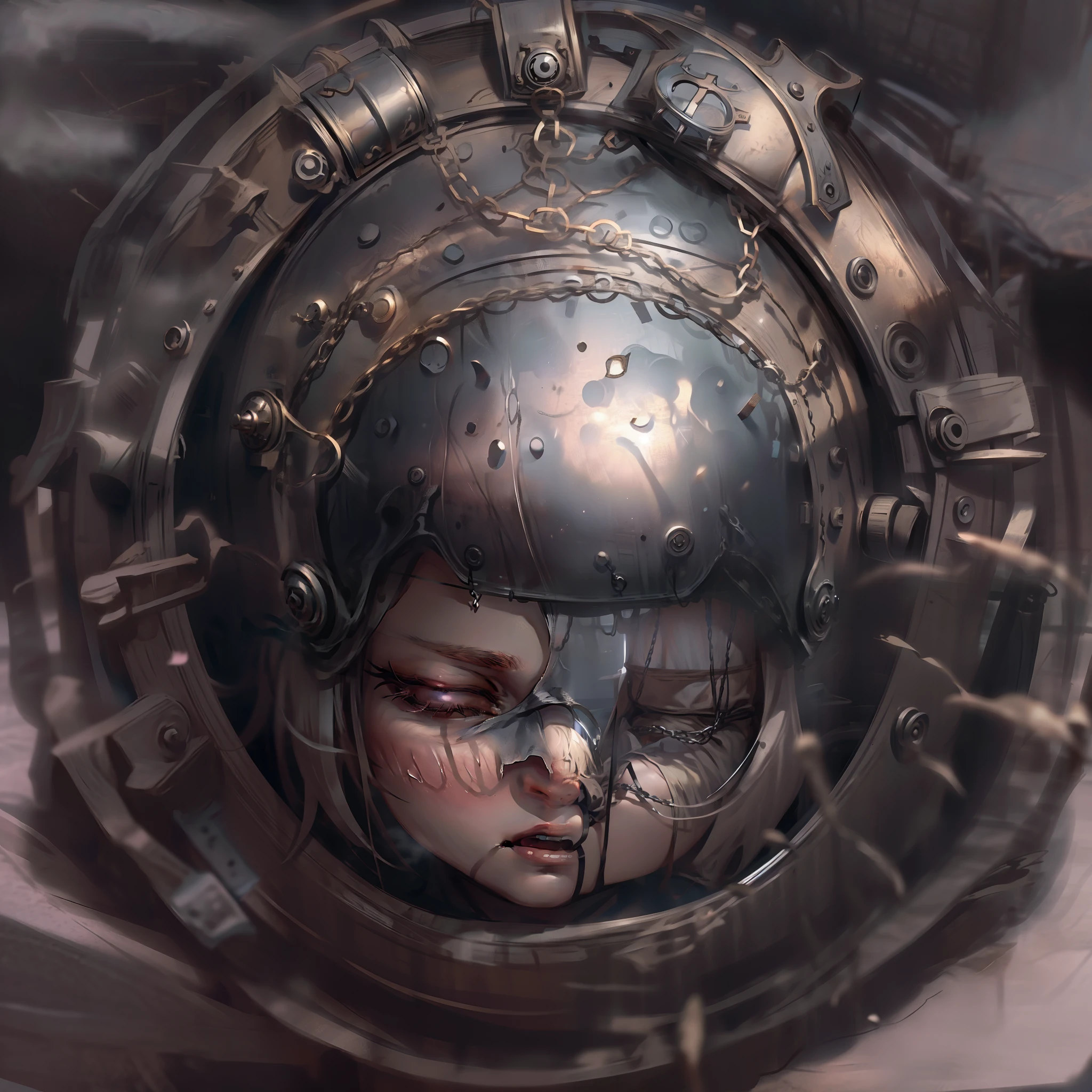 face revealing, sleeping baby face, dark, high quality, magnificent quality, metal, etus face revealing itself inside an round metal helmet