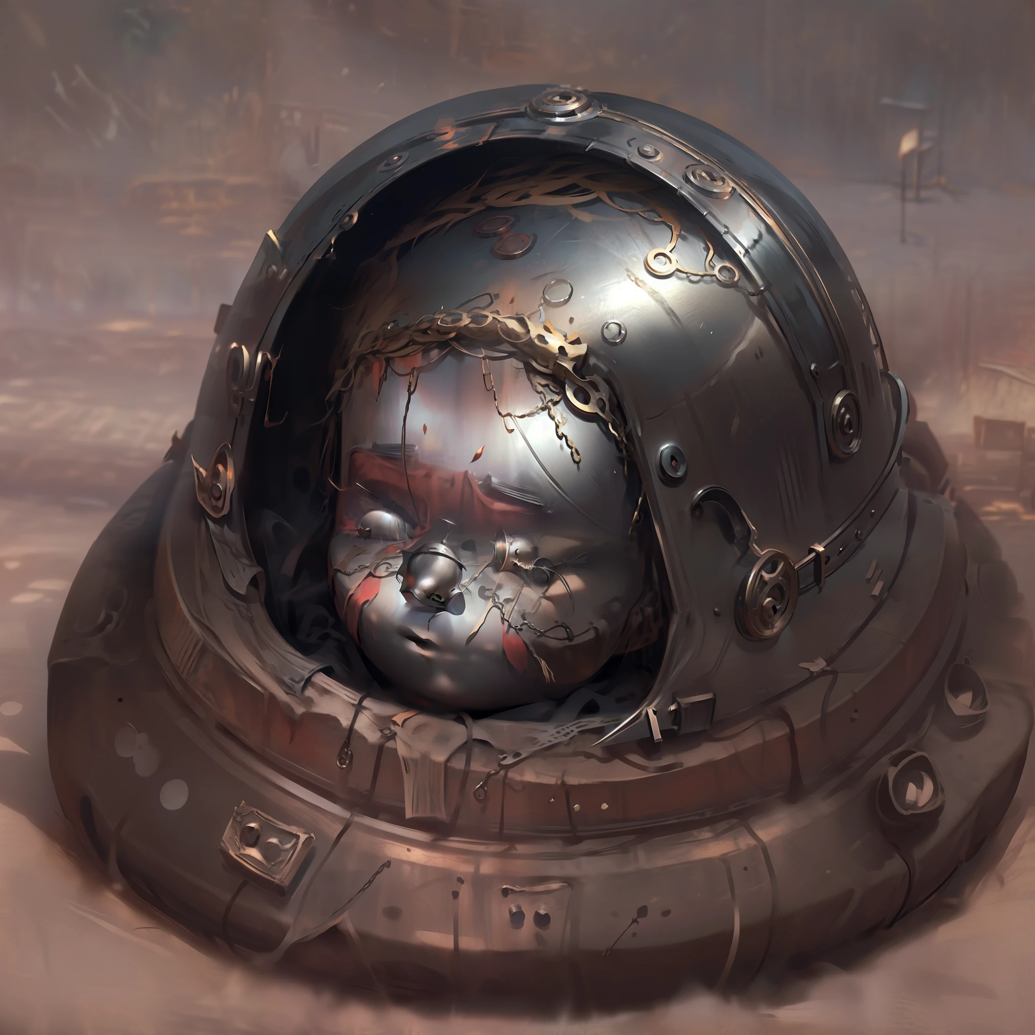 face revealing, sleeping face, dark, high quality, magnificent quality, metal, etus face revealing itself inside an round metal helmet