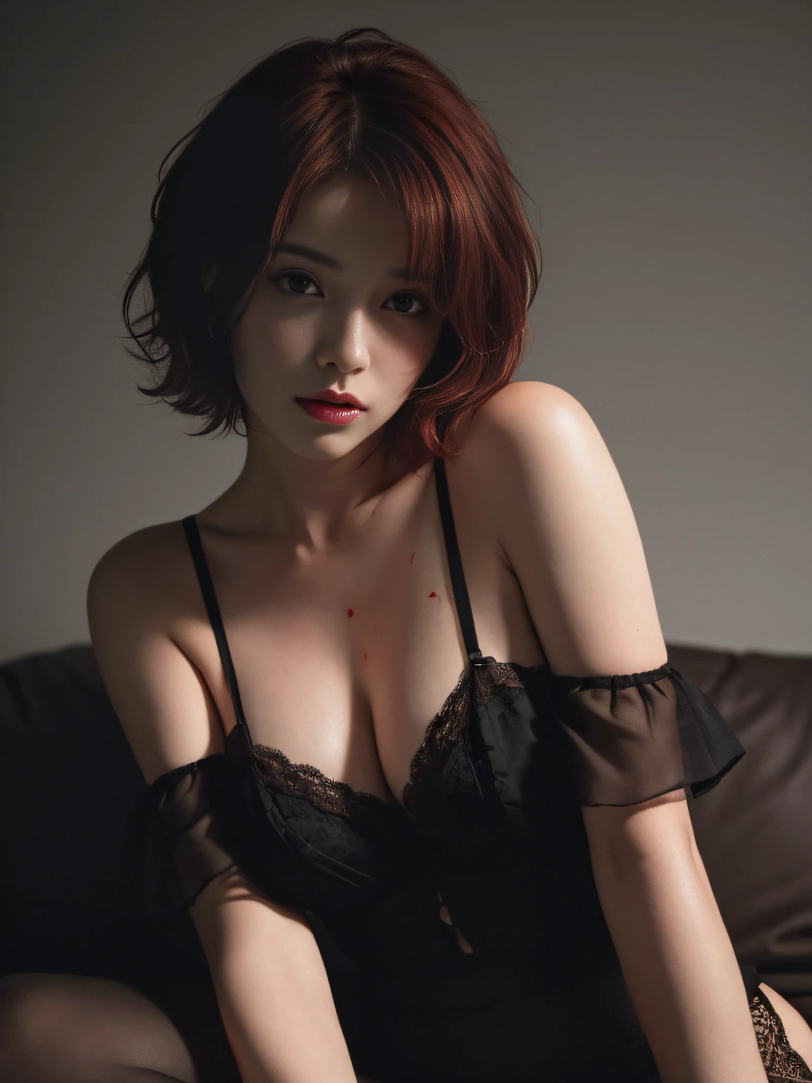 Best quality, masterpiece, ultra high res, (photorealistic:1.5), raw photo, 1girl, offshoulder, black lingerie, in the dark, deep shadow, low key, cold light, sexy look, (((bloody red short hair)))