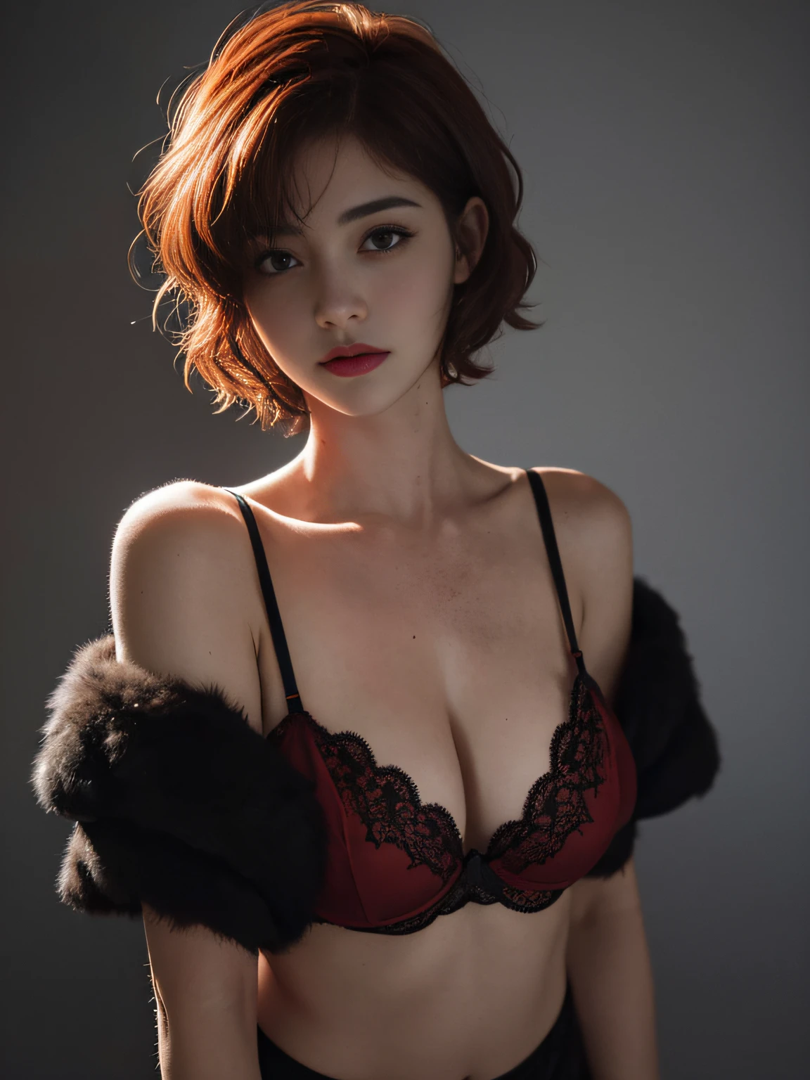 Best quality, masterpiece, ultra high res, (photorealistic:1.5), raw photo, 1girl, offshoulder, black lingerie, in the dark, deep shadow, low key, cold light, sexy look, (((bloody red short hair)))