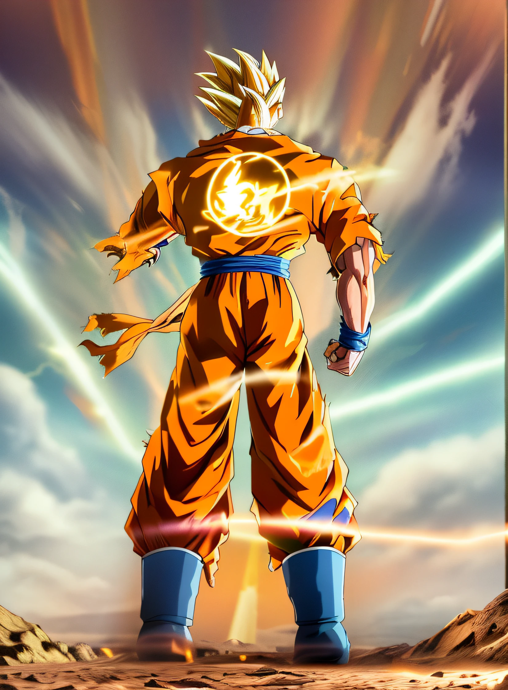 Character without his left arm and with his back to the camera , Gohan, Dragon ball , super sayajin , Assentamento de costas , no deserto , 8k