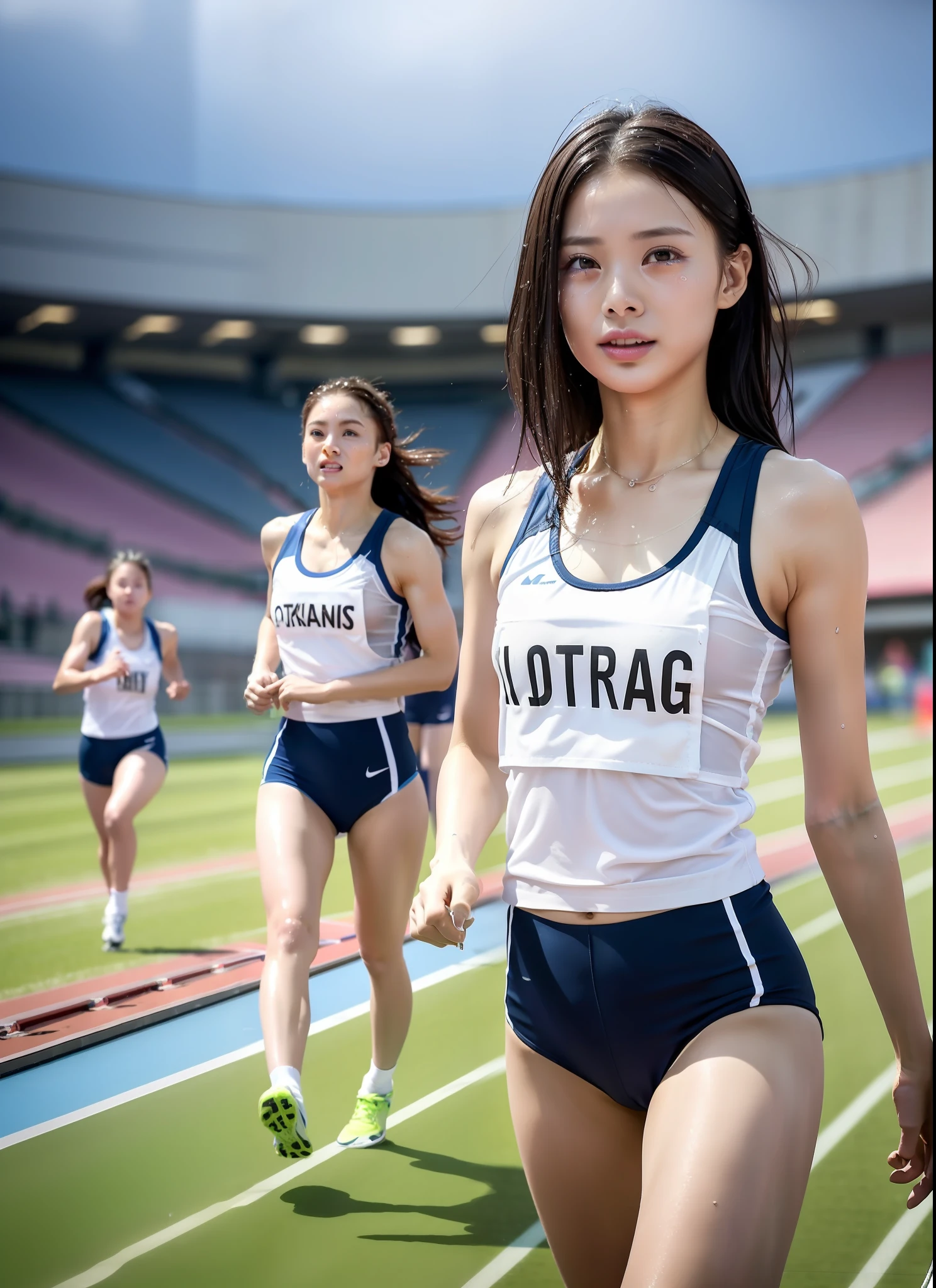 1人の女性、8K、Raw photography、(top-quality、​masterpiece、intricate detailes: 1.4)、(realisitic、Photorealsitic: 1.3)、(reallistic: 1.3)、Photorealsitic、 Female track and field athletes in Japan、((rainy day))、((Woman on track in stadium:1.8))、(Beauty like an actress in Japan)、(Heavy rain)、((Tank top for a sheer track and field team))、(Tank top of the track and field team in light color)、(Tank top of the track and field team that gets wet from the rain and shows through the skin)、Track and field team tank top that sticks to the skin wet from the rain、Wet colored bloomers、((Bob Hair))、(wetting hair)、(Wet bangs)、wetted skin、(nipple protrusions that can be seen through)、 18year old、(a small face:1.5)、(tense look)、Light makeup、Thin eyebrows、 detailed and beautiful faces、A detailed eye、(Tear bag:1.5)、Detailed finger、Detailed legs、Detailed skin、Medium chest、Lustrous hair、Lustrous skin、Wet and drippy hair、Wet and drippy skin、Tank top of the track and field team with wet and dripping water、(no-bra)、(No Underwear)