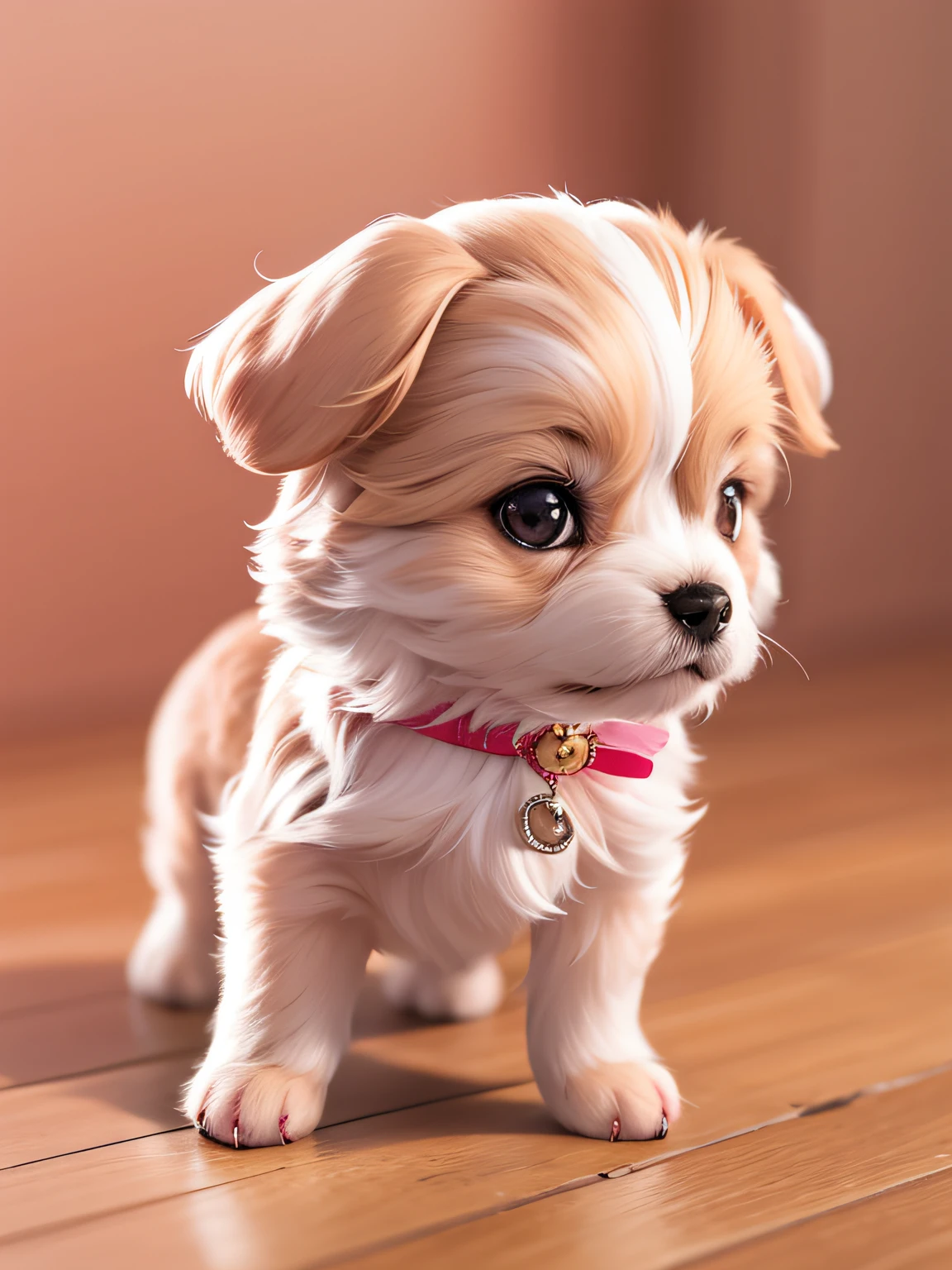 Paparazzi Chibi Lhasa(1 dog),White coat color,adolable,Pink cherry blossoms,Close-up